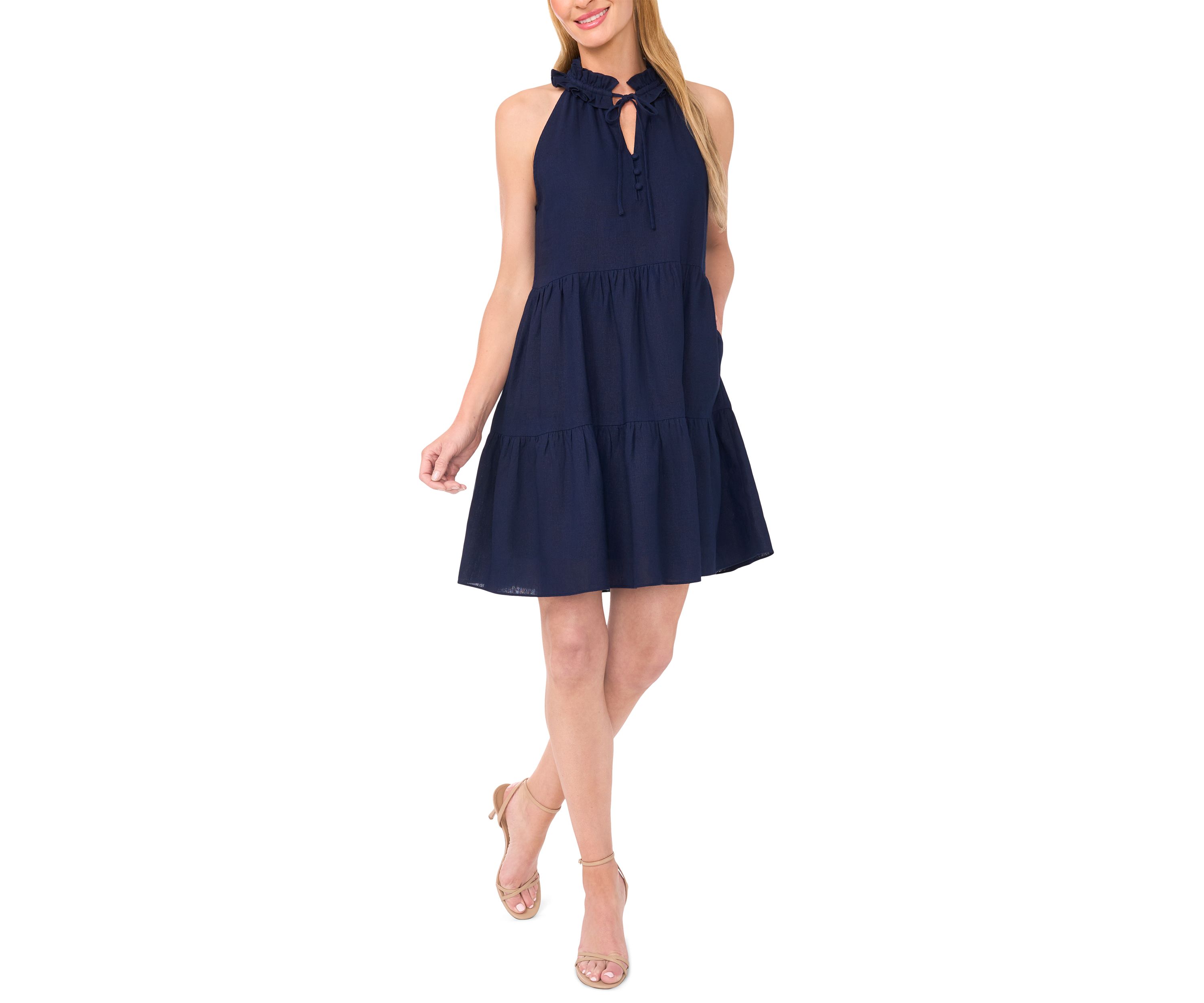 Womens Sleeveless Split Neck Tiered Dress 