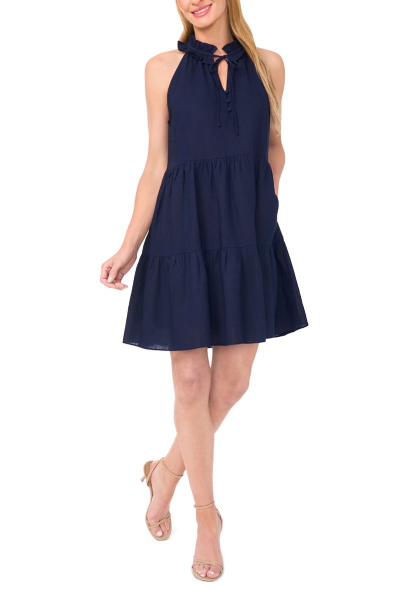 Womens Sleeveless Split Neck Tiered Dress 