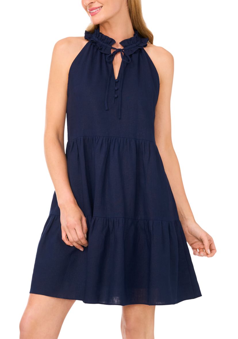 Womens Sleeveless Split Neck Tiered Dress 