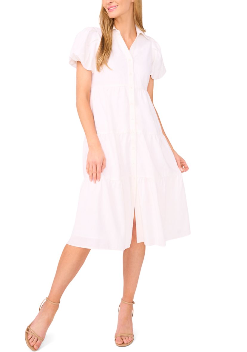 Womens Button Front Tiered Midi Dress