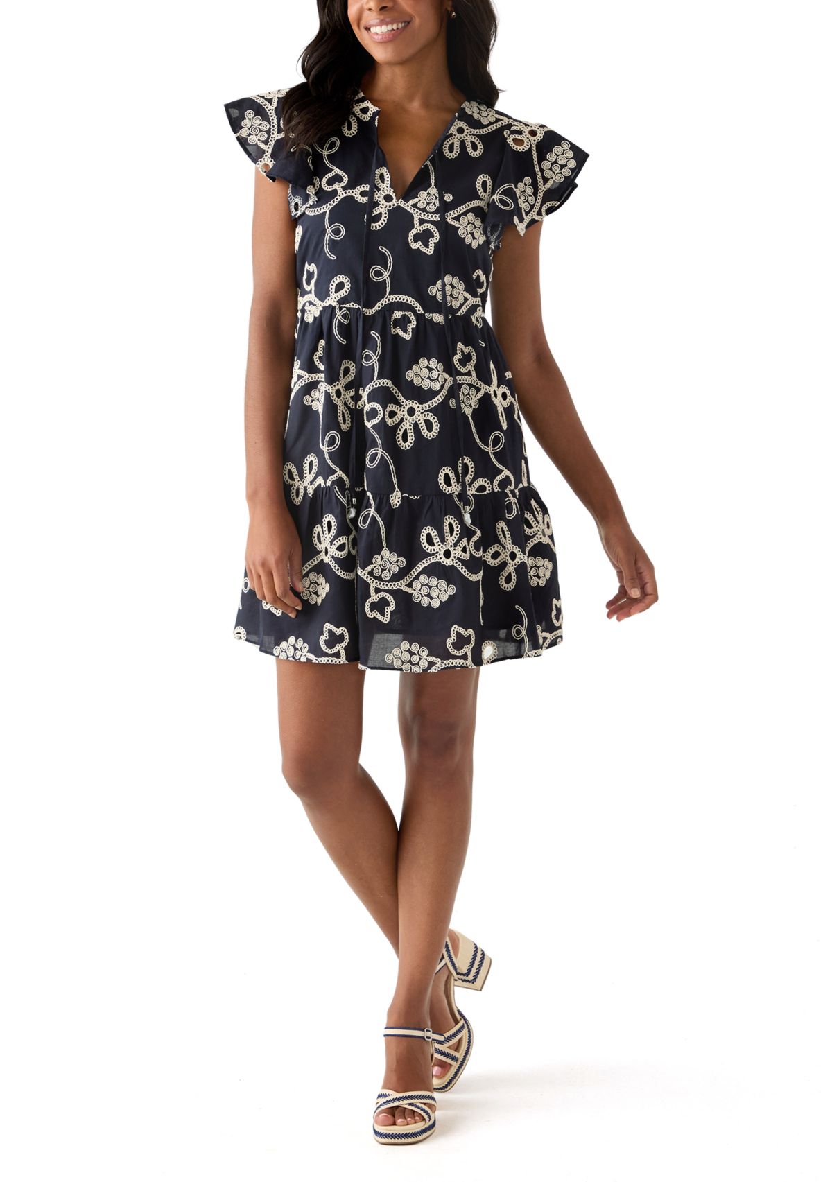 Womens Short Sleeve Embroidered Tiered Dress