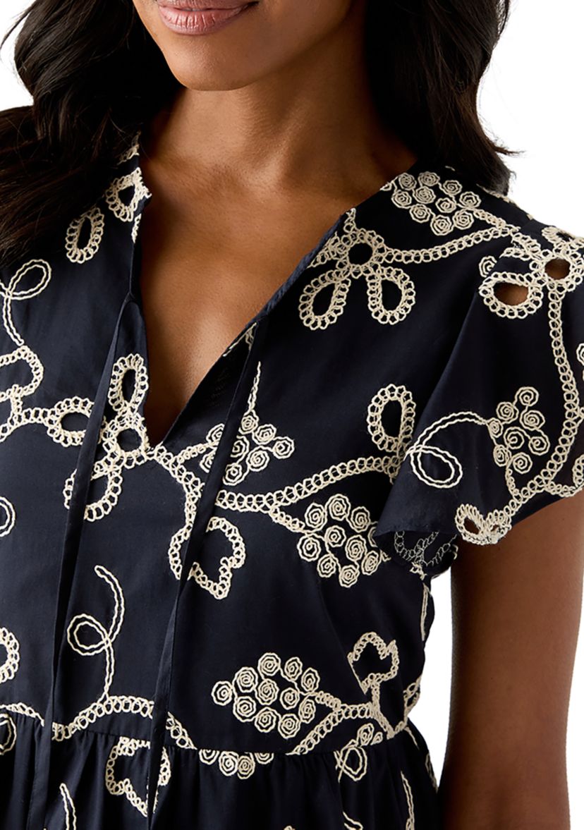 Womens Short Sleeve Embroidered Tiered Dress