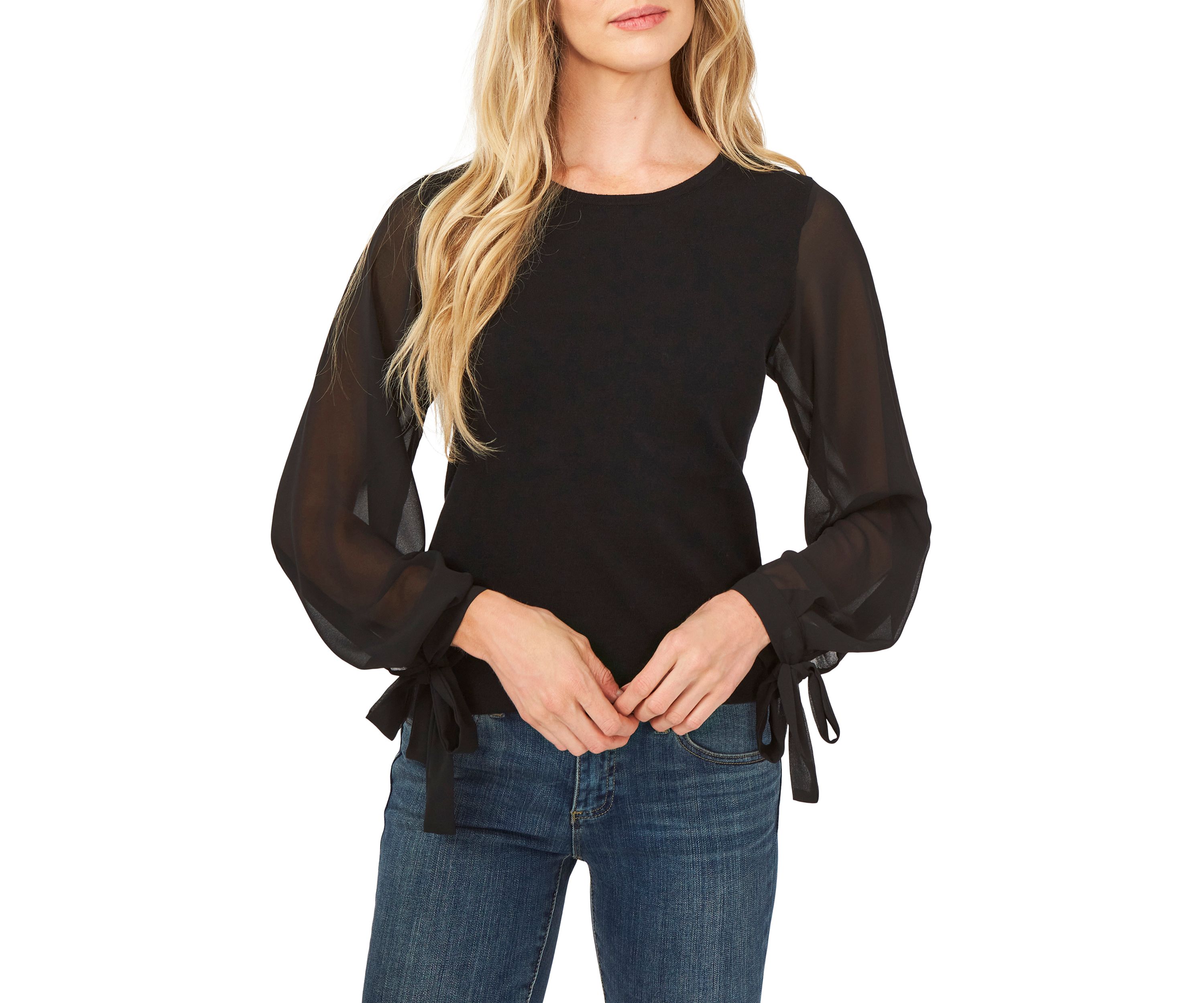 Womens Chiffon Pleated Long Sleeve Crew Neck Sweater