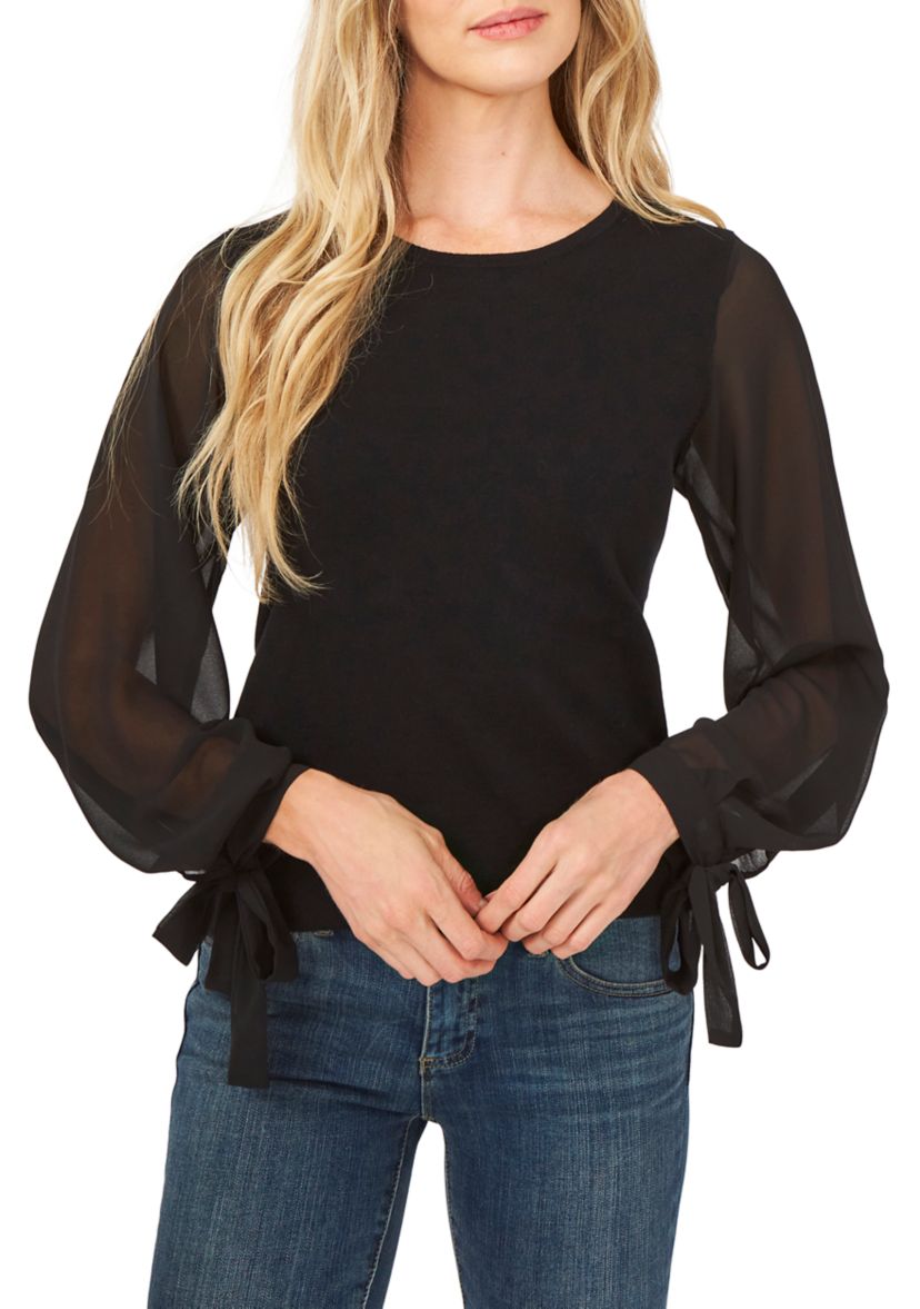 Womens Chiffon Pleated Long Sleeve Crew Neck Sweater