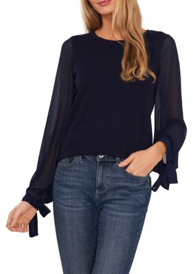 Women's Chiffon Pleated Long Sleeve Crew Neck Sweater