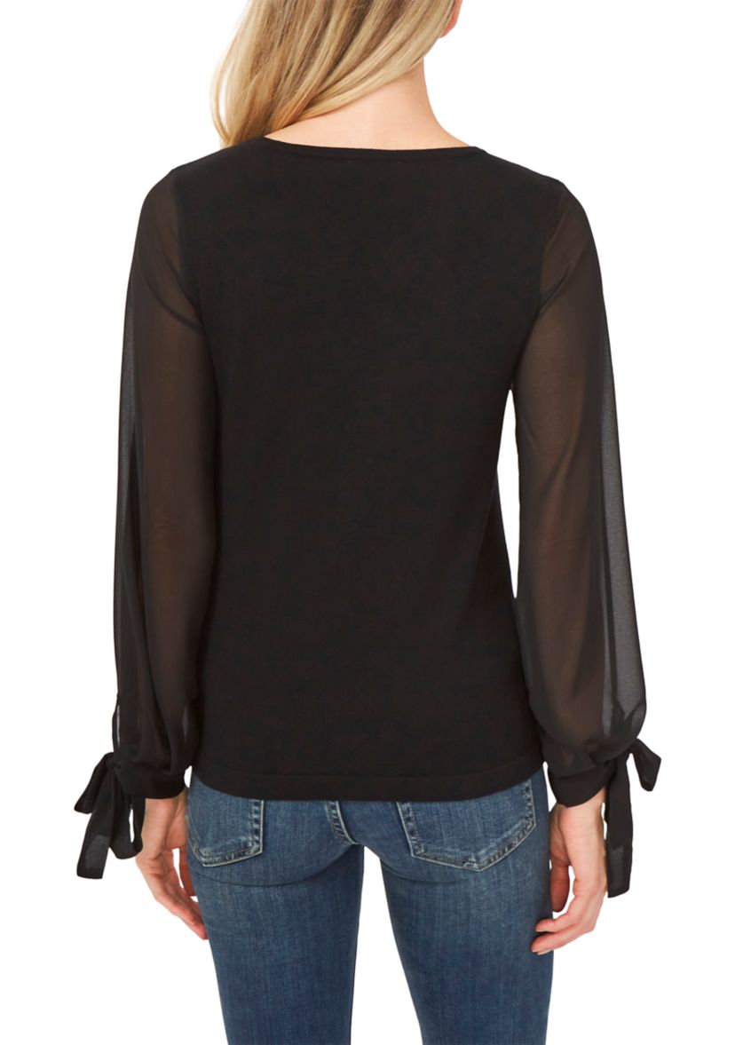 Womens Chiffon Pleated Long Sleeve Crew Neck Sweater