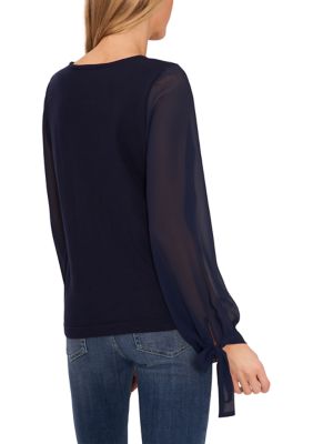 Women's Chiffon Pleated Long Sleeve Crew Neck Sweater