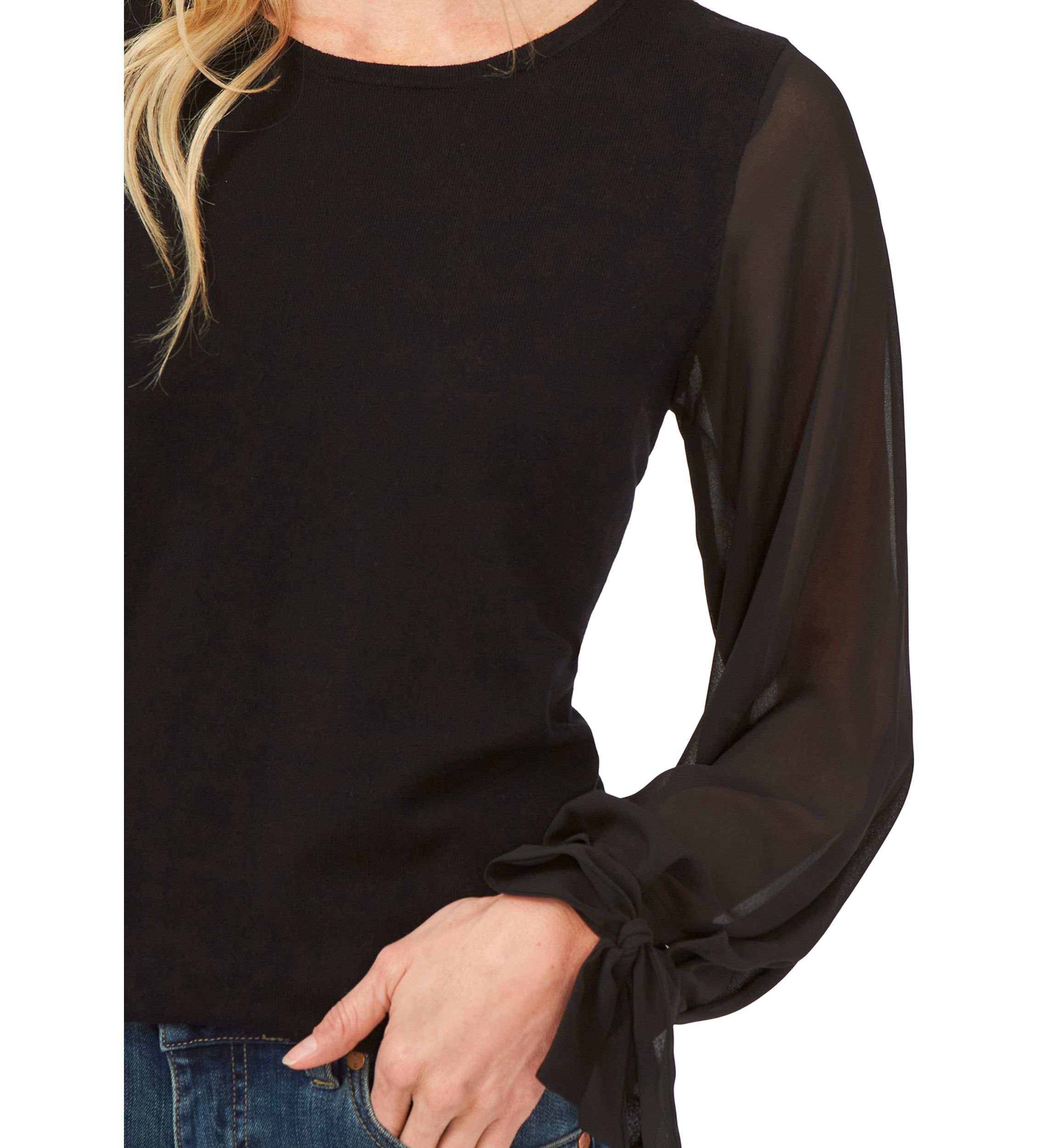 Womens Chiffon Pleated Long Sleeve Crew Neck Sweater