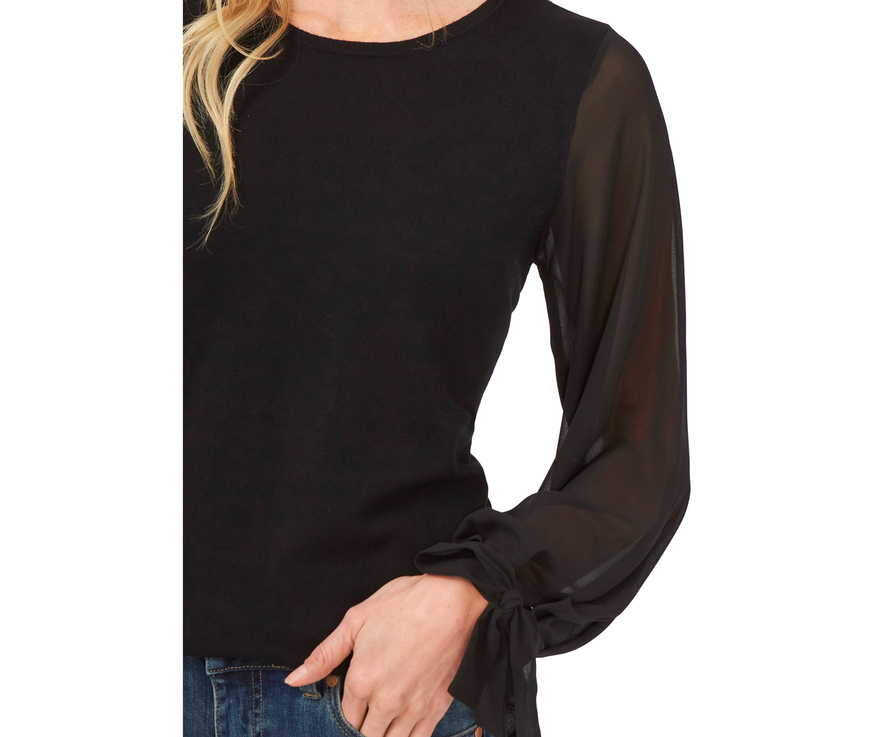 Womens Chiffon Pleated Long Sleeve Crew Neck Sweater