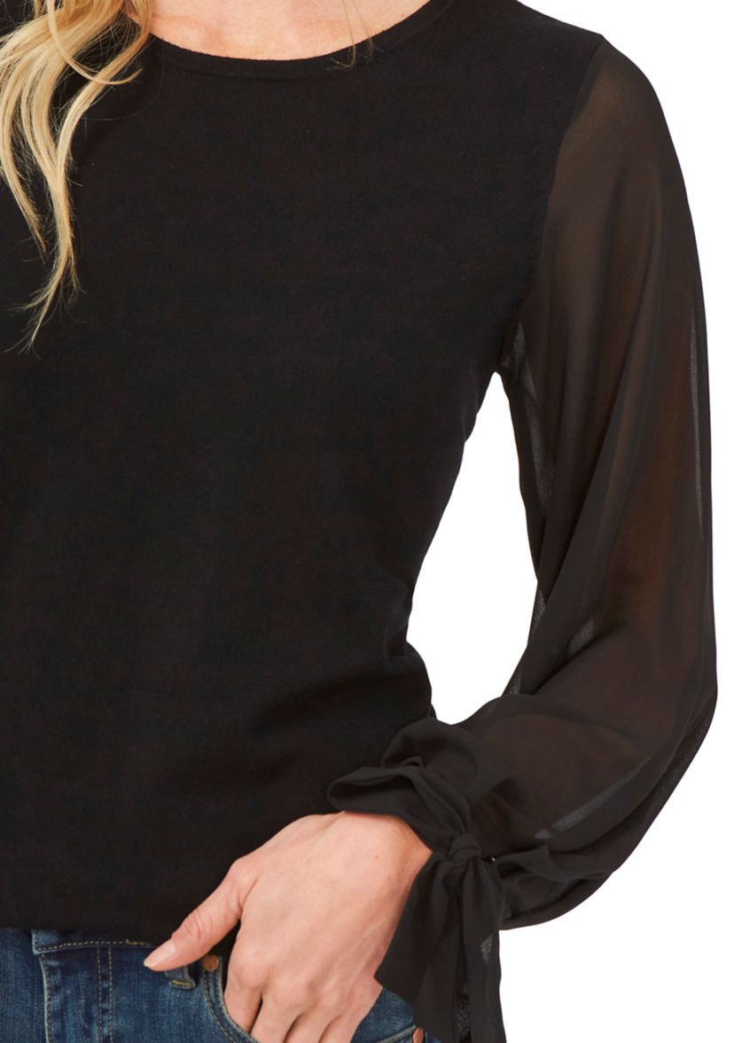 Womens Chiffon Pleated Long Sleeve Crew Neck Sweater