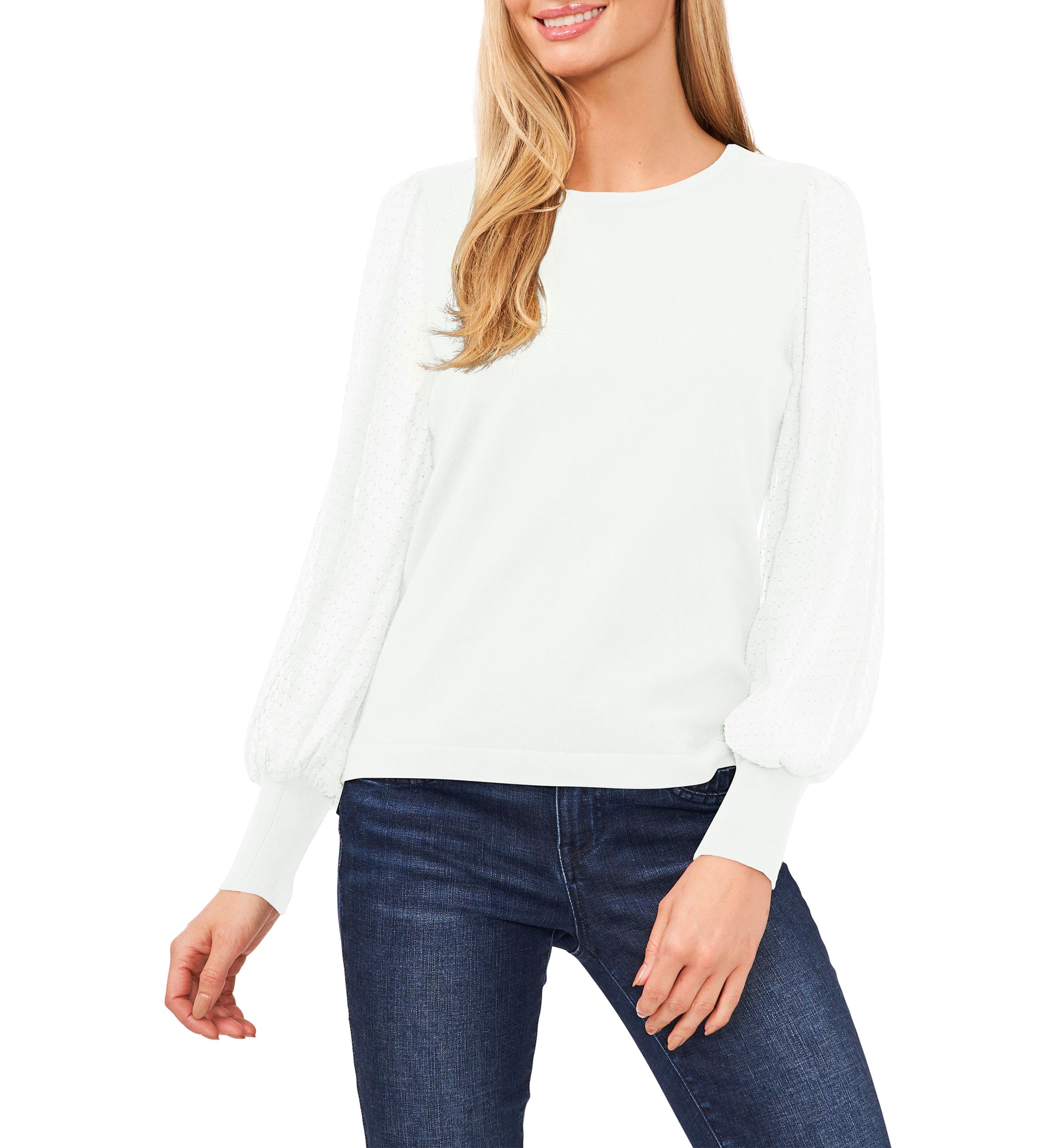 Womens Long Sleeve Crew Neck Chiffon Sweater