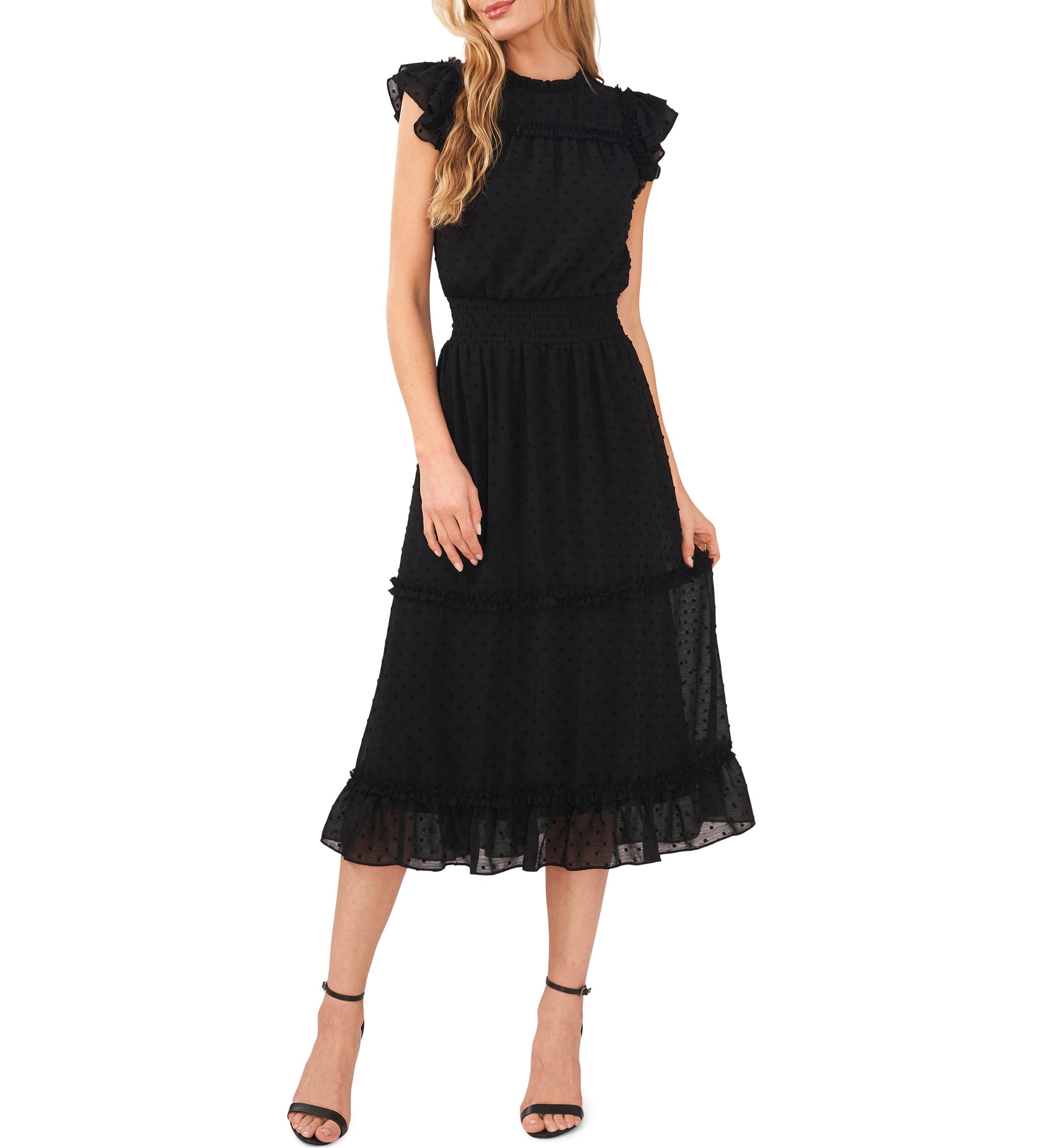 knee length dresses for ladies in Loom Flutter Sleeve Smocked Midi Dress- Earthen Small main image 1
