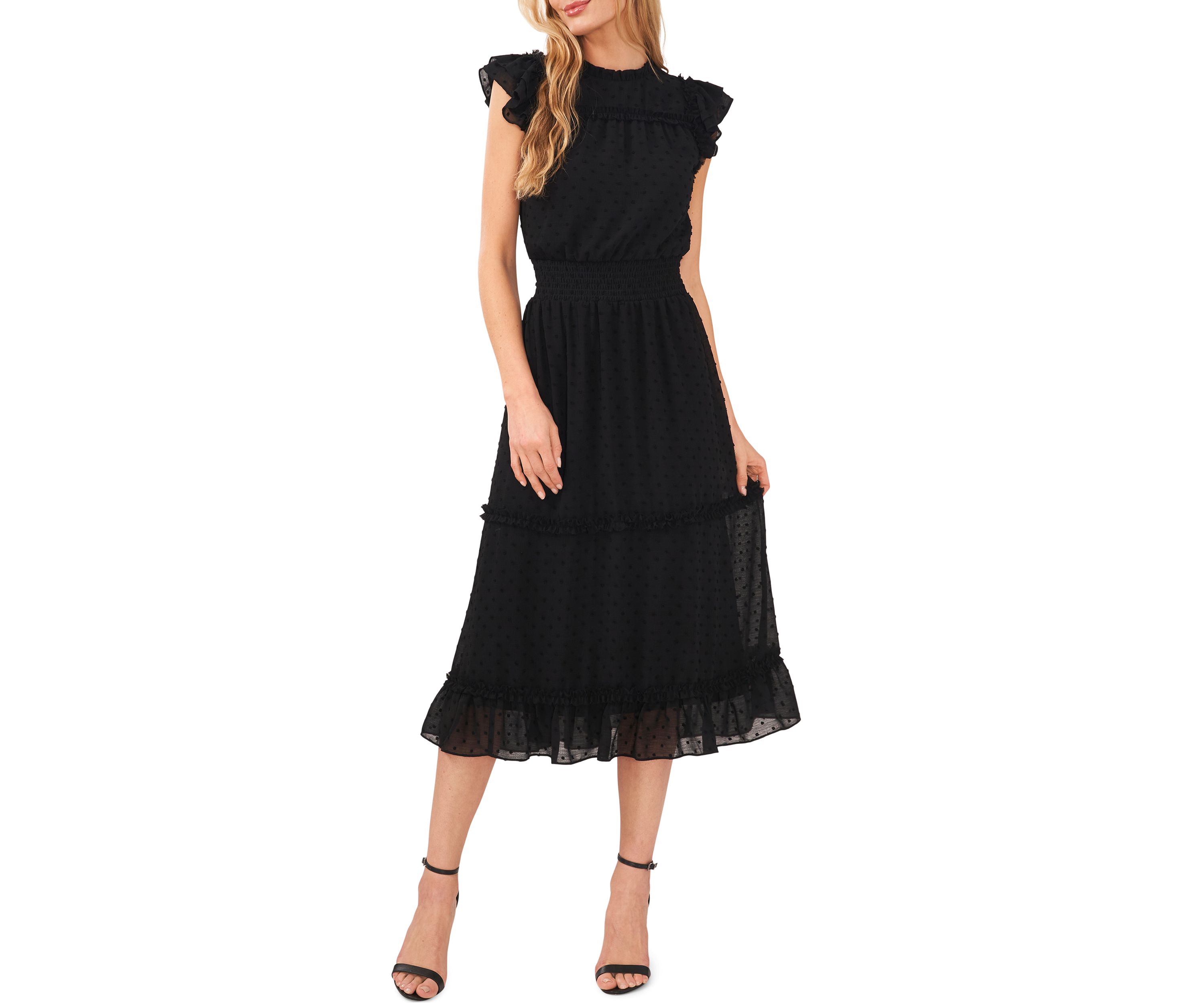 Womens Flutter Sleeve Smocked Waist Midi Dress
