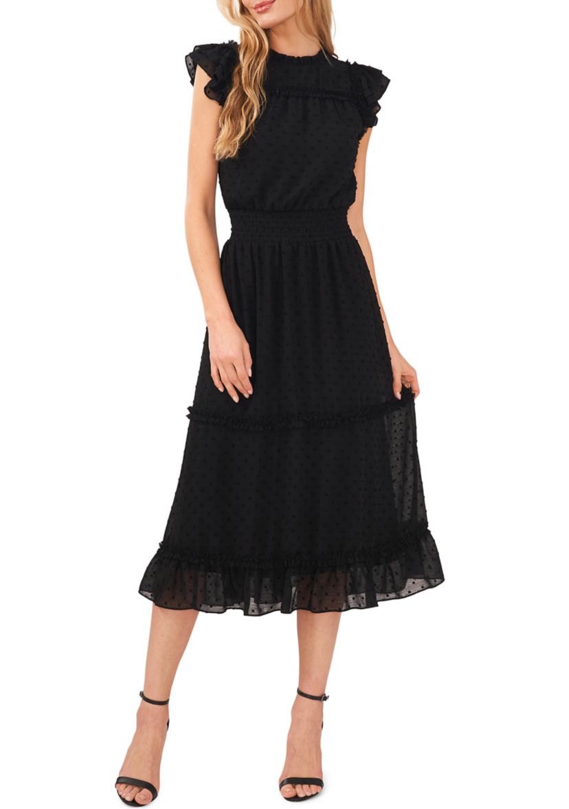 Womens Flutter Sleeve Smocked Waist Midi Dress
