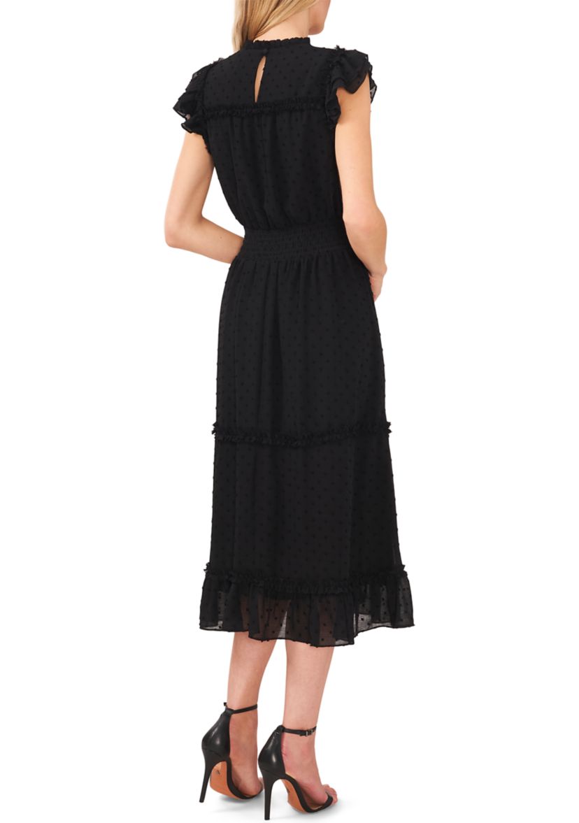 Womens Flutter Sleeve Smocked Waist Midi Dress