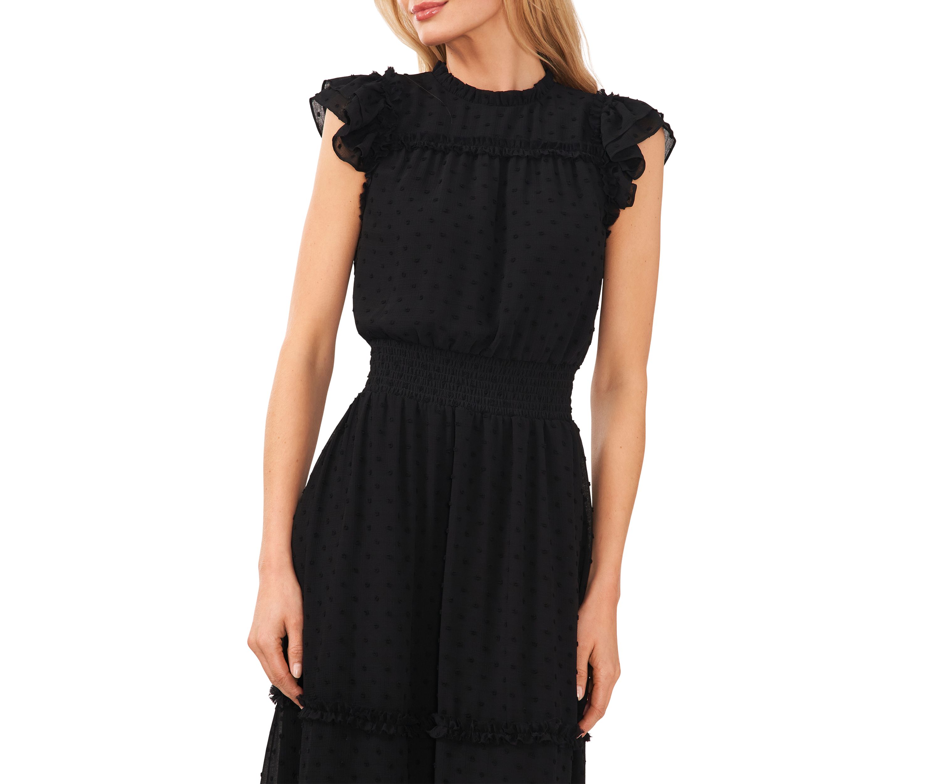 Womens Flutter Sleeve Smocked Waist Midi Dress