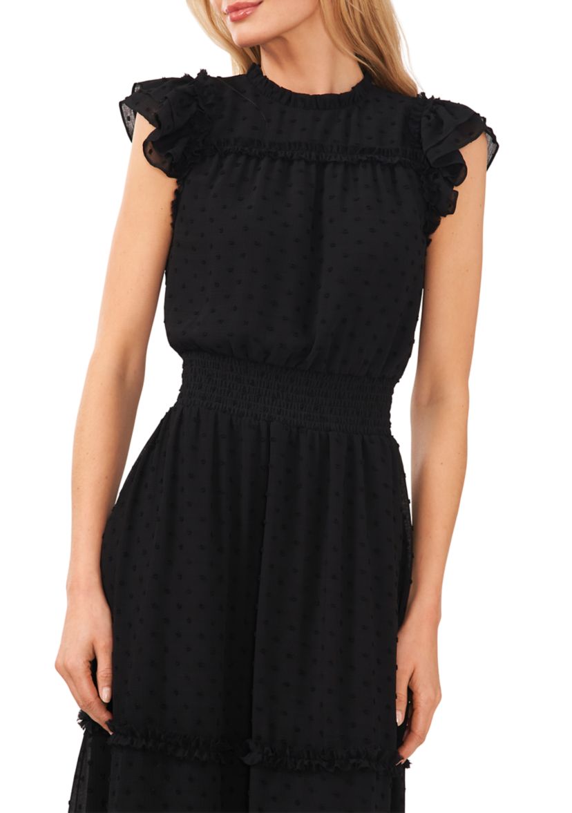 Womens Flutter Sleeve Smocked Waist Midi Dress