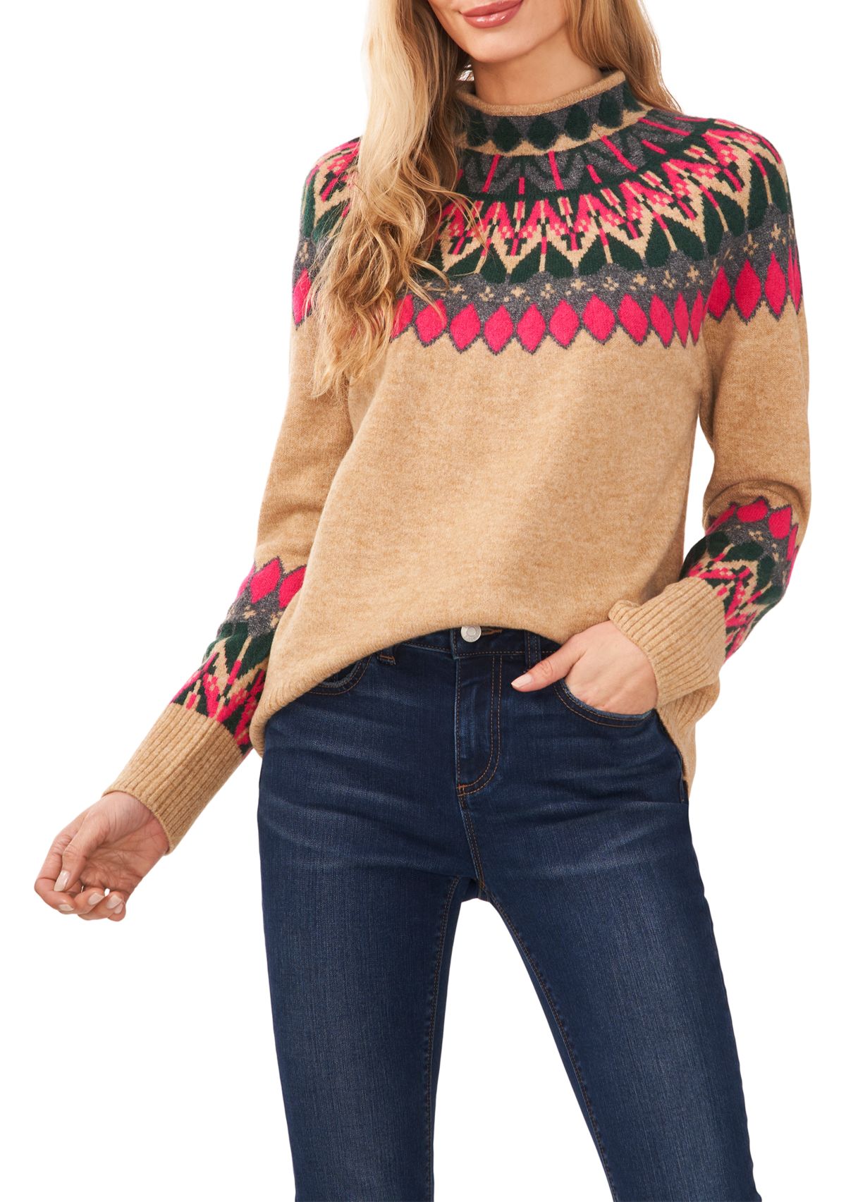 Womens Long Sleeve Mock Neck Fairisle Sweater