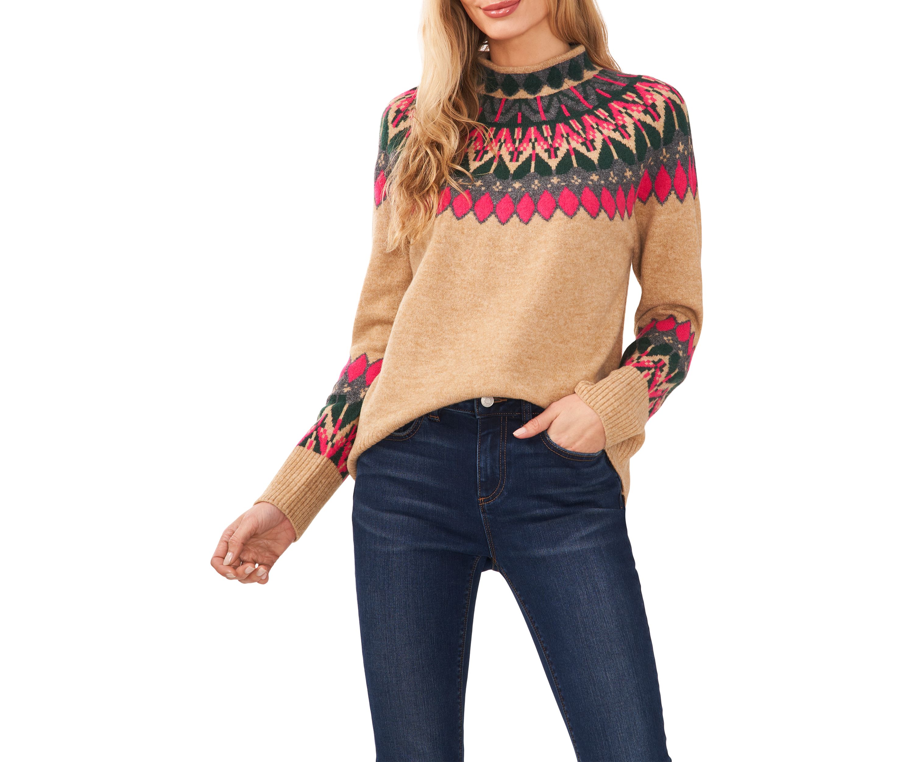 Womens Long Sleeve Mock Neck Fairisle Sweater