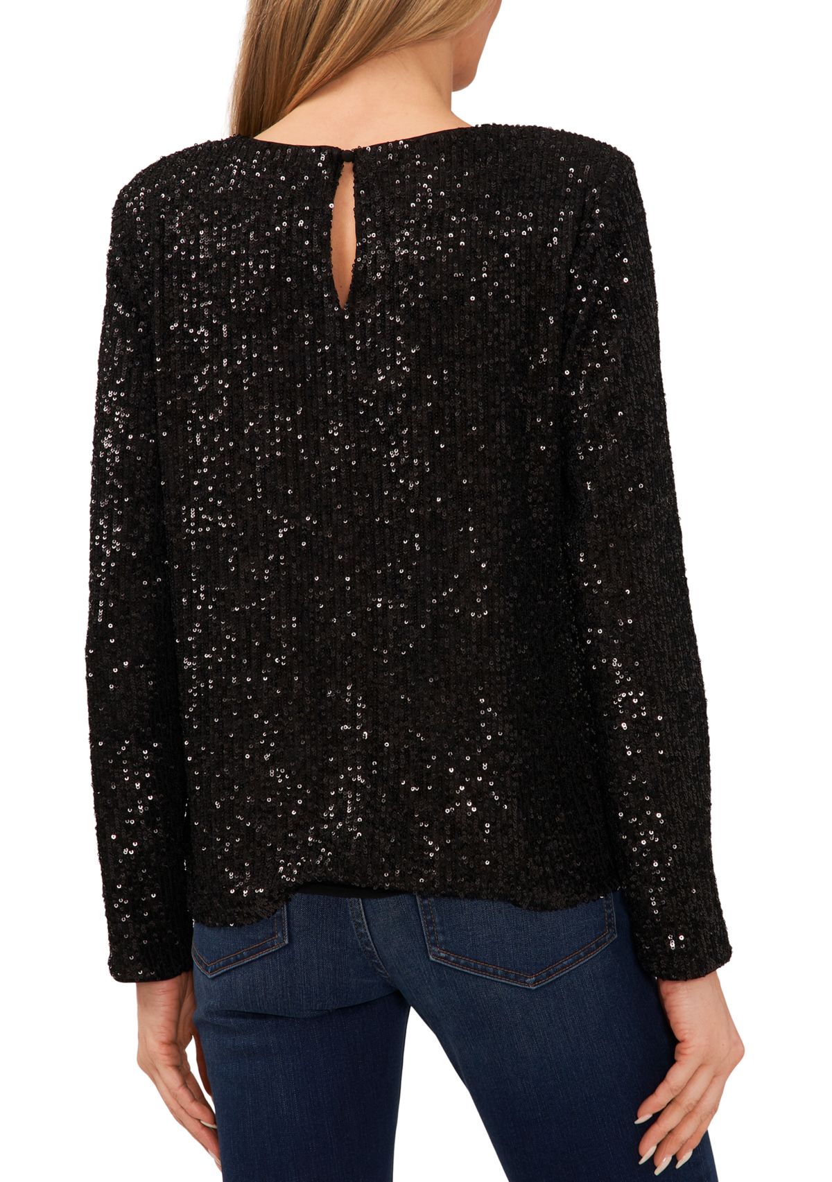 Womens Long Sleeve Sequin Crew Neck T-Shirt