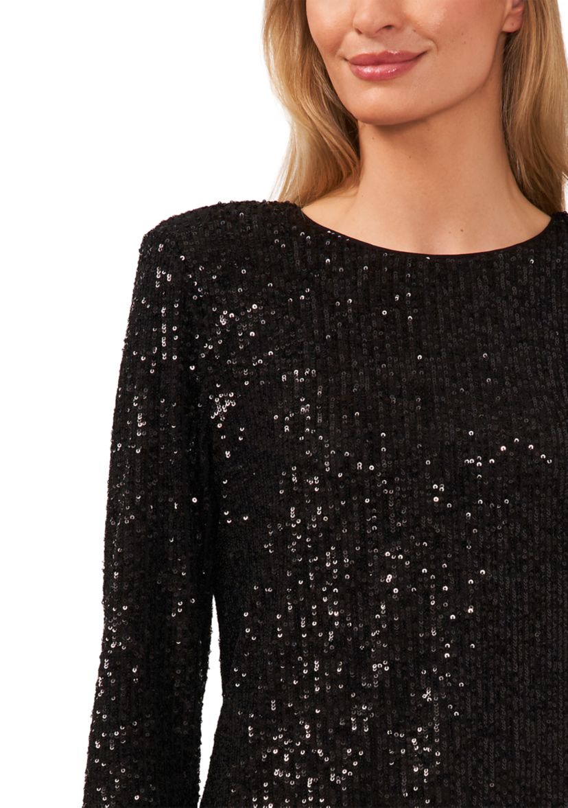 Womens Long Sleeve Sequin Crew Neck T-Shirt