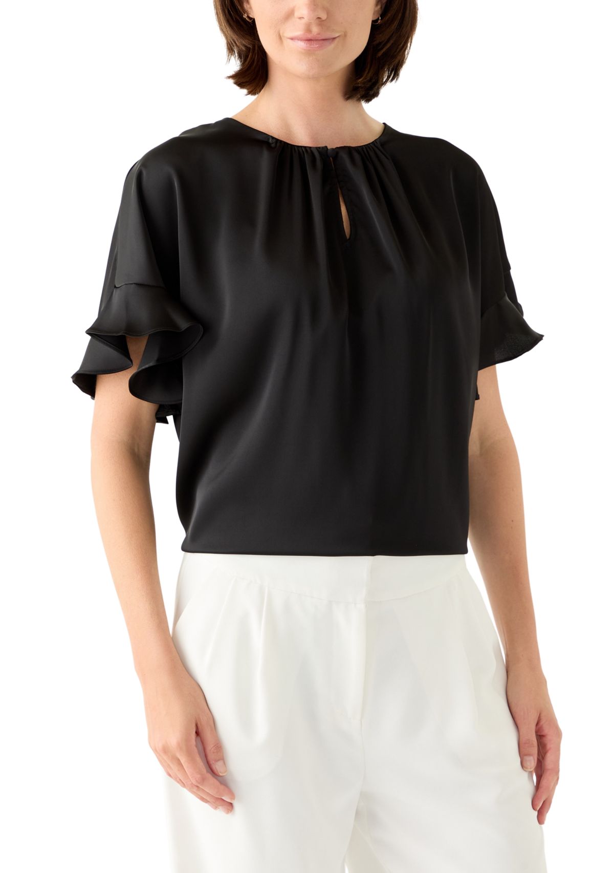 Womens Ruffled Short Sleeve Split Neck Blouse