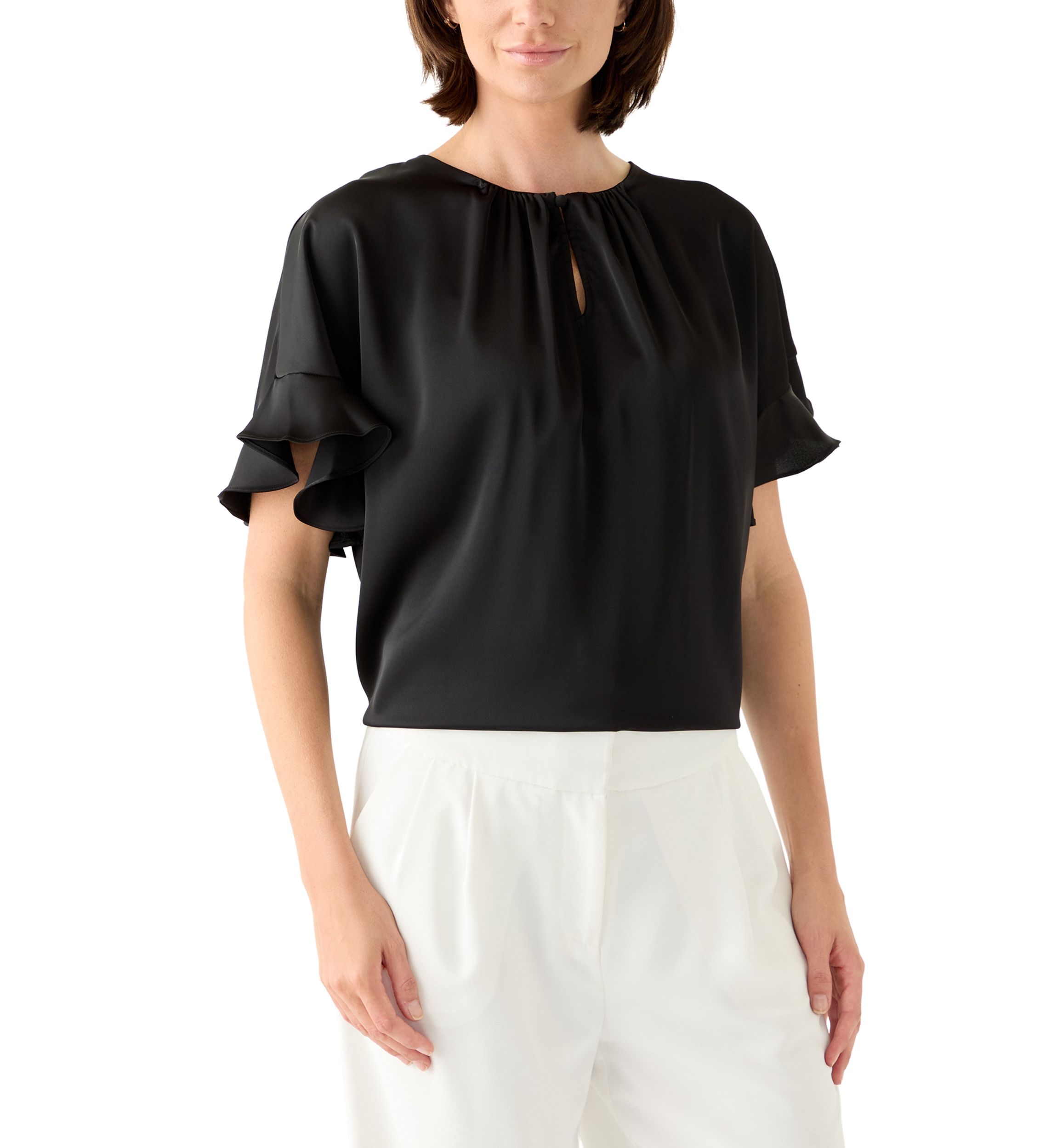 Womens Ruffled Short Sleeve Split Neck Blouse