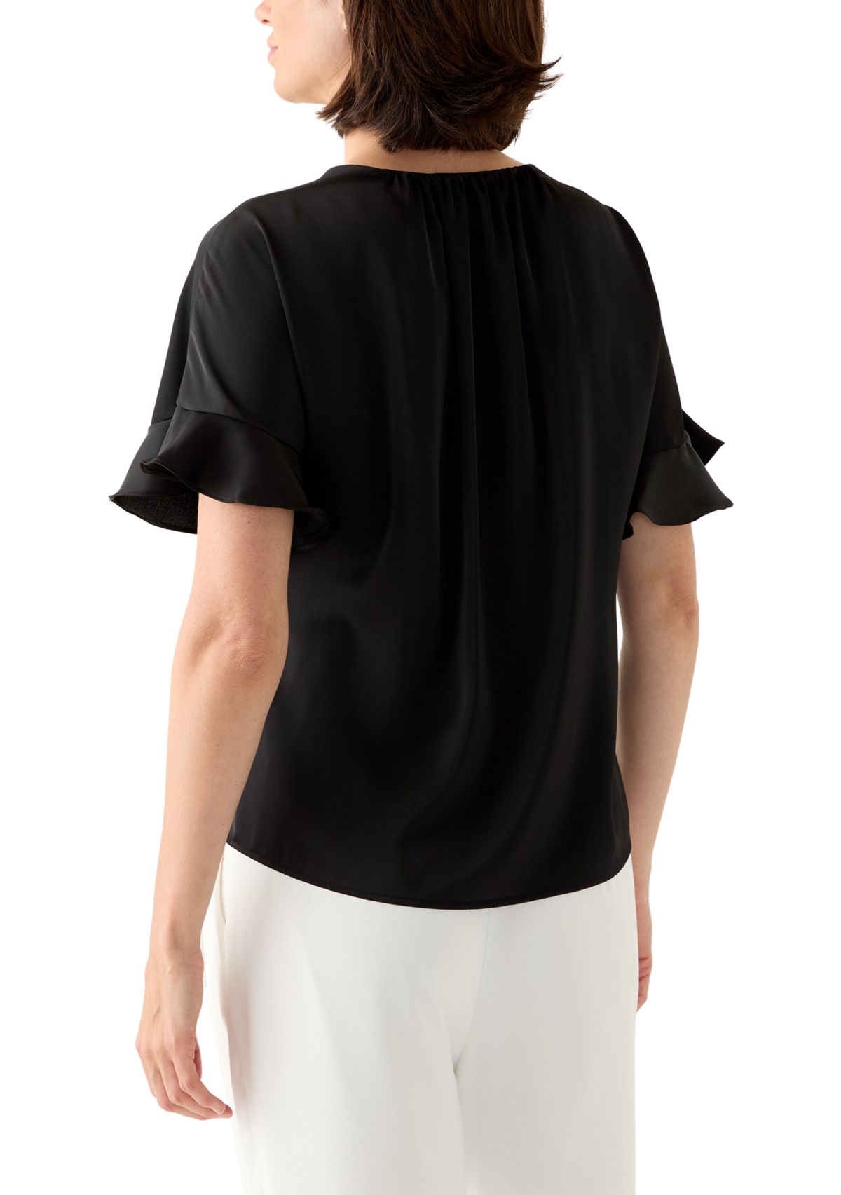 Womens Ruffled Short Sleeve Split Neck Blouse