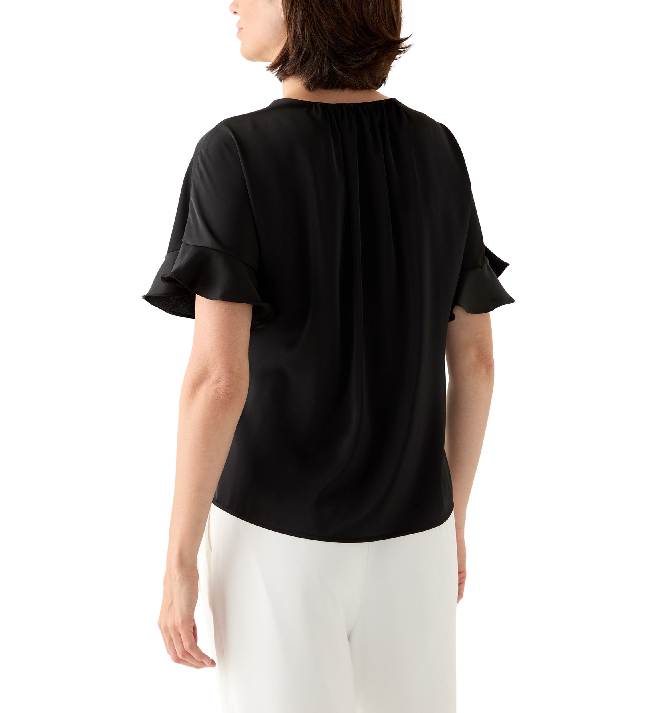 Womens Ruffled Short Sleeve Split Neck Blouse