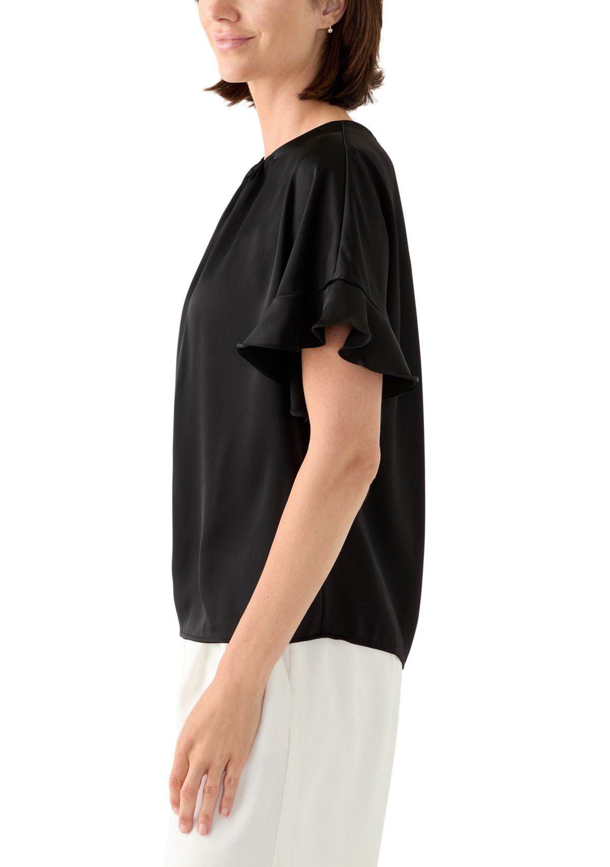 Womens Ruffled Short Sleeve Split Neck Blouse