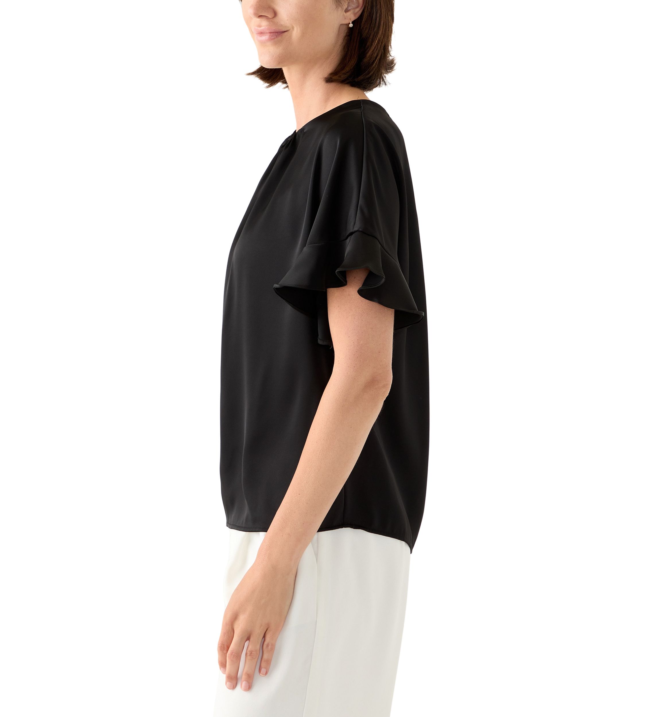 Womens Ruffled Short Sleeve Split Neck Blouse