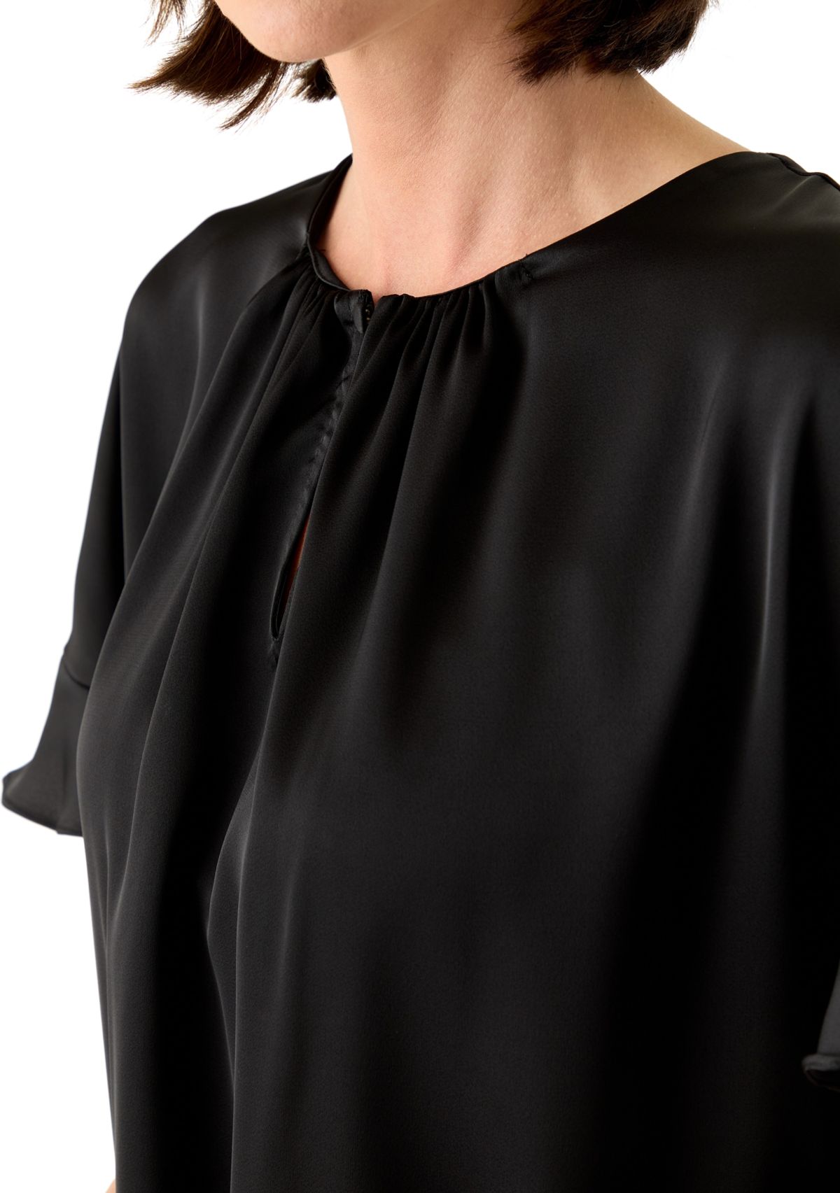 Womens Ruffled Short Sleeve Split Neck Blouse