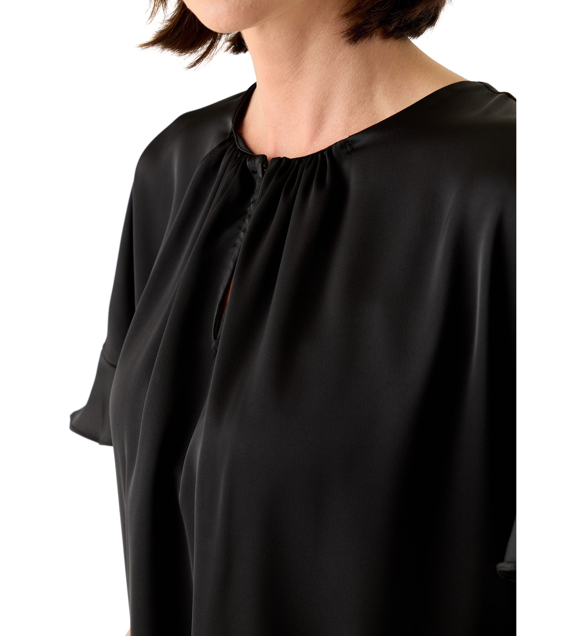 Womens Ruffled Short Sleeve Split Neck Blouse