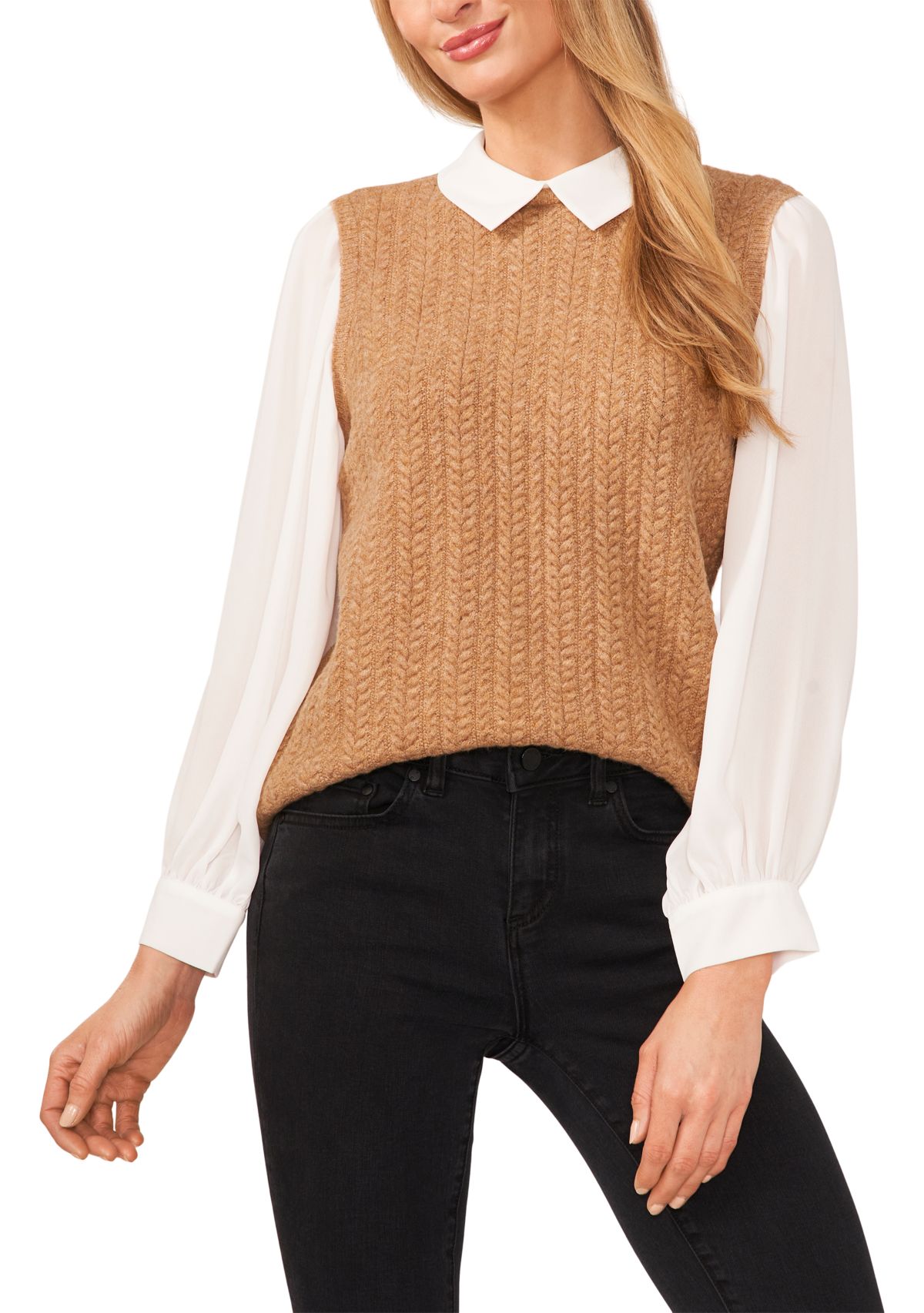 Womens Long Sleeve Cable 2fer Sweater