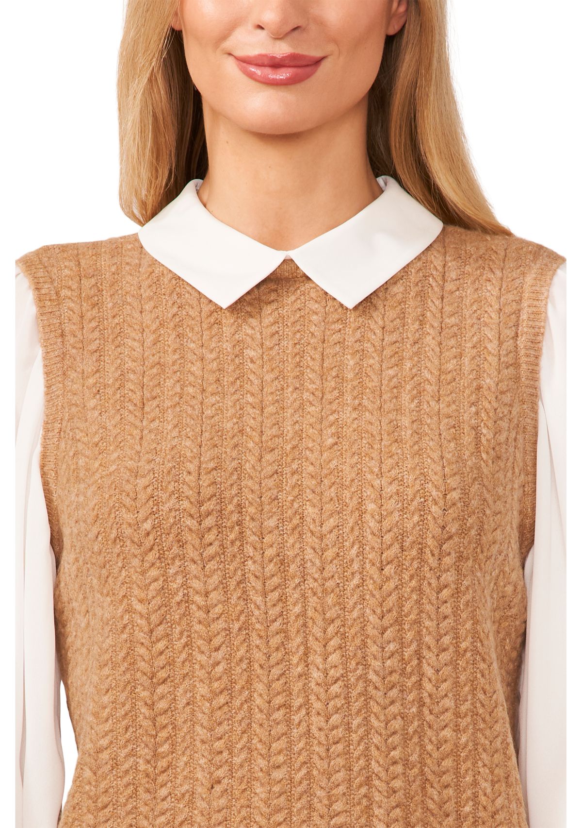 Womens Long Sleeve Cable 2fer Sweater