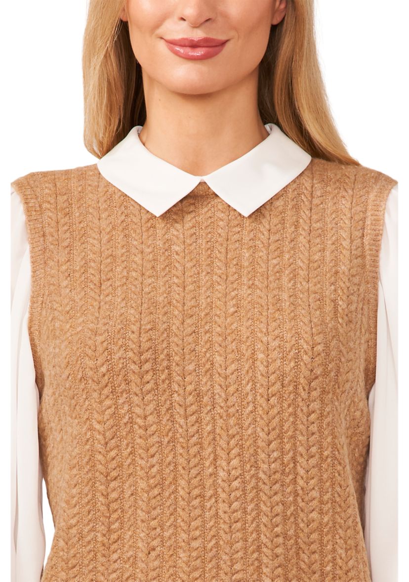 Womens Long Sleeve Cable 2fer Sweater