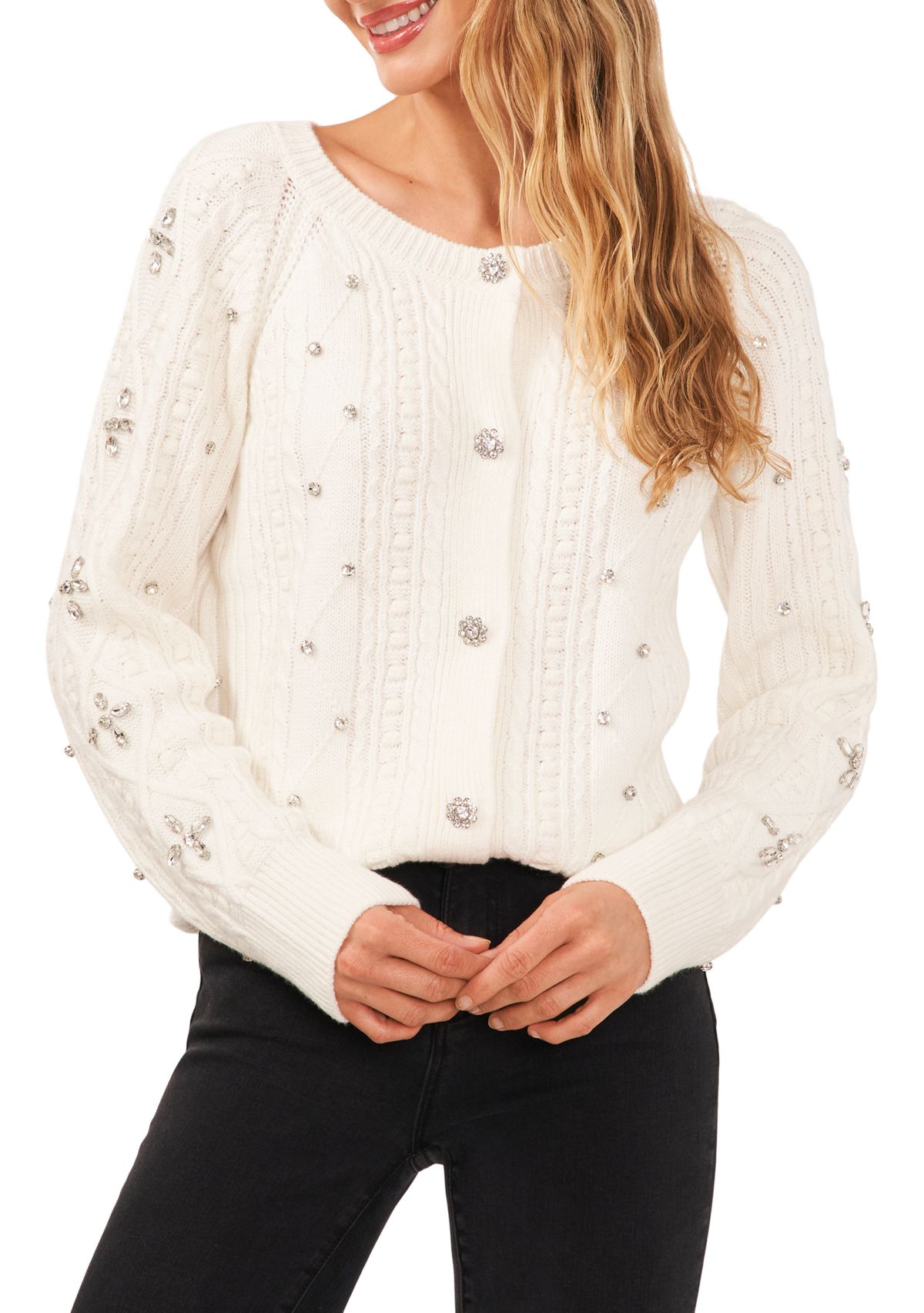 Womens Rhinestone Crew Neck Cable Sweater