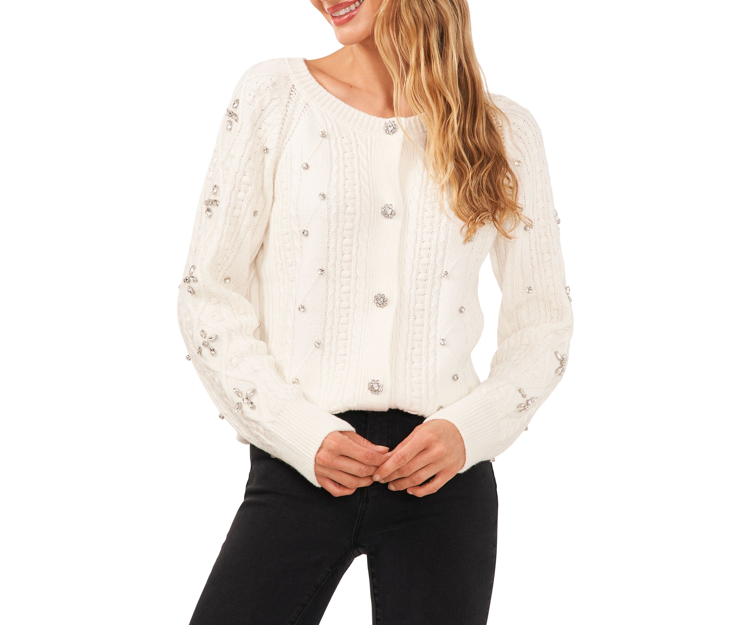 Womens Rhinestone Crew Neck Cable Sweater