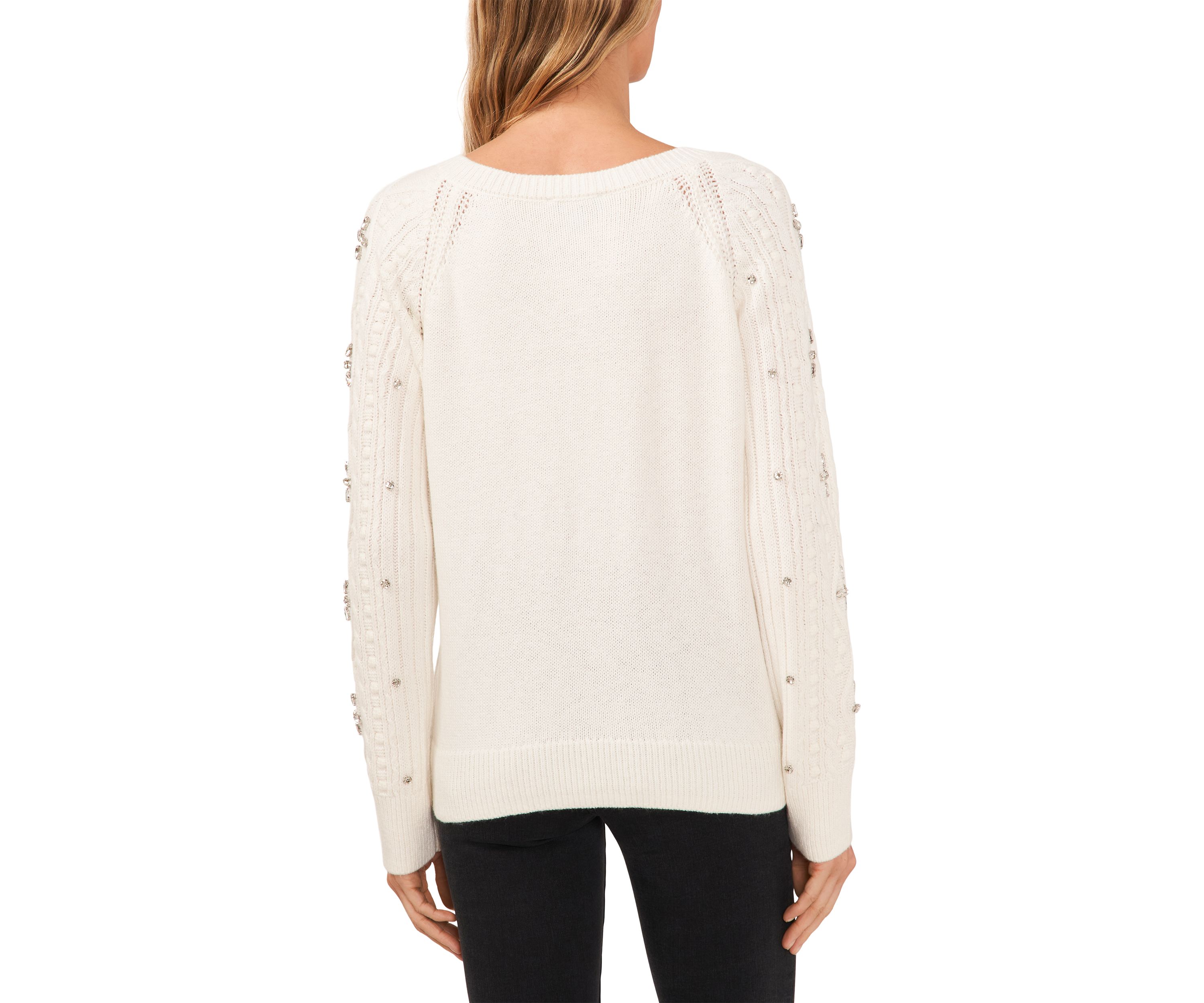 Womens Rhinestone Crew Neck Cable Sweater