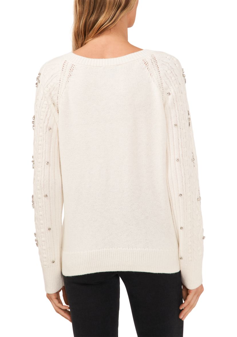 Womens Rhinestone Crew Neck Cable Sweater