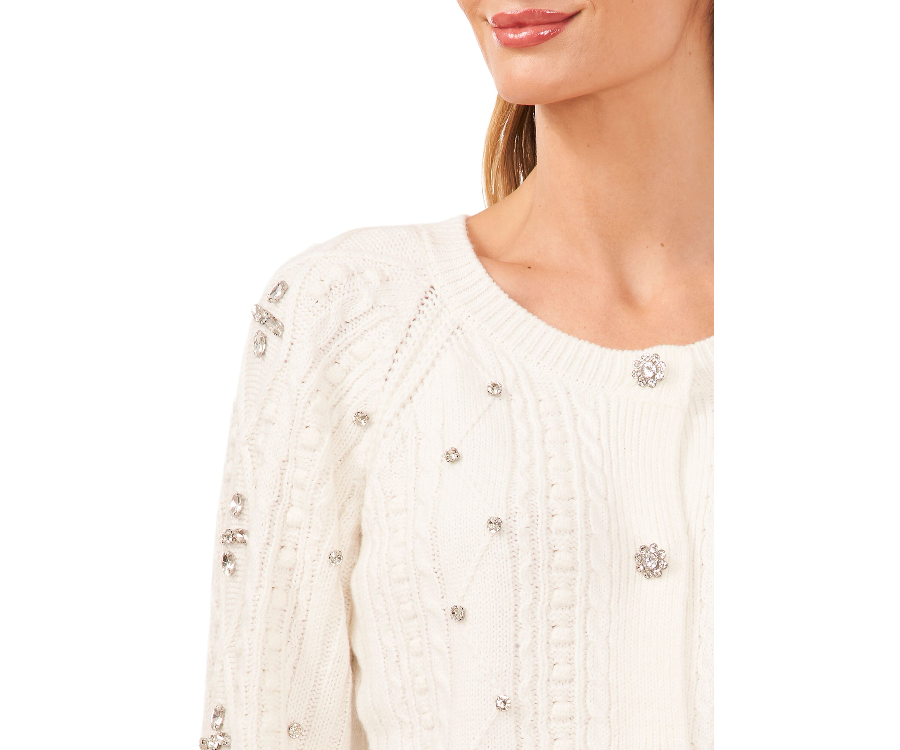 Womens Rhinestone Crew Neck Cable Sweater