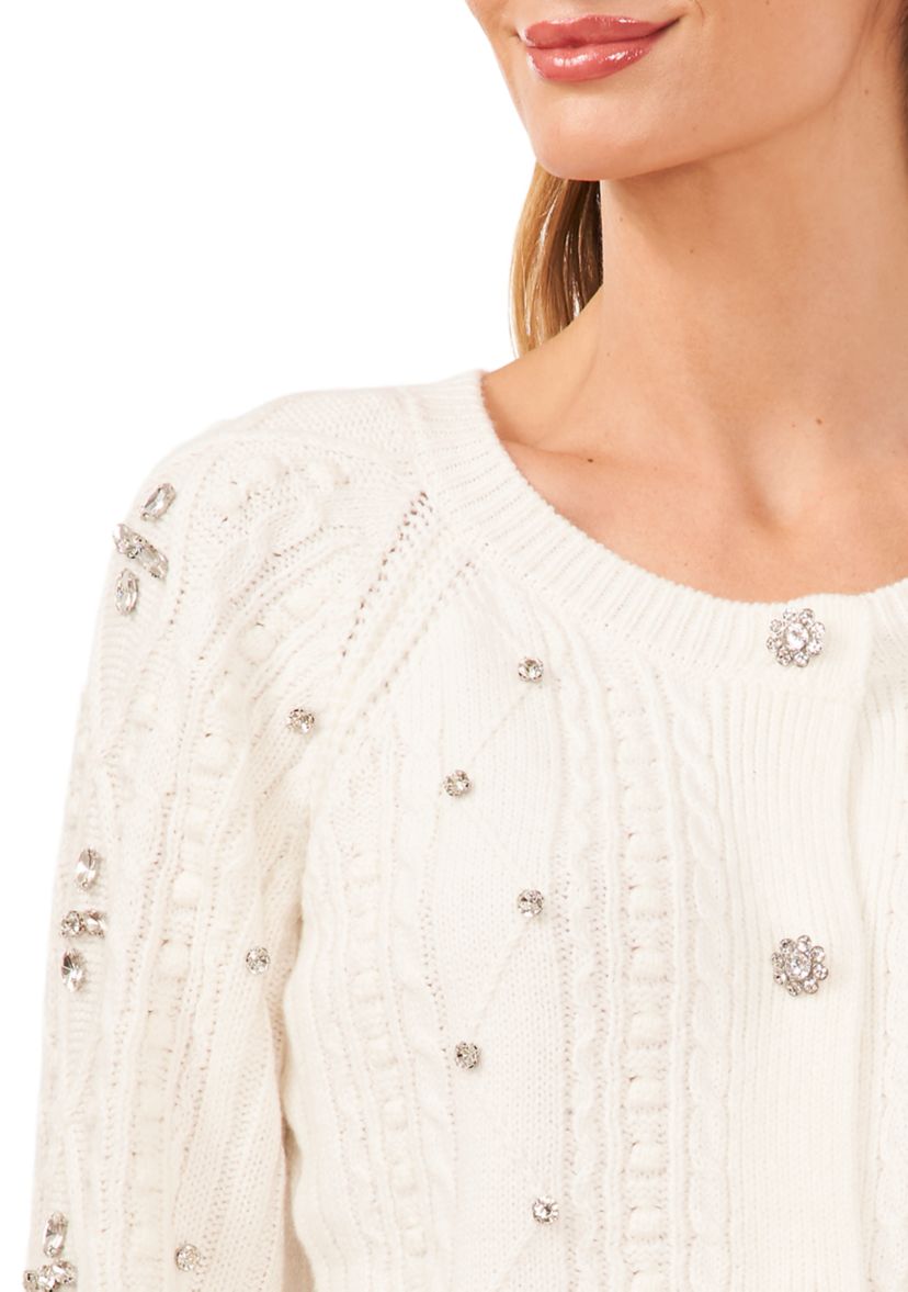 Womens Rhinestone Crew Neck Cable Sweater