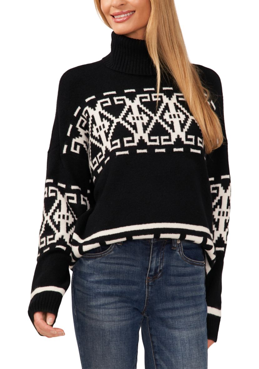 Womens Long Sleeve Placed Fairisle Turtleneck Sweater