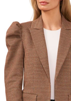 Women's Plaid Puff Sleeve Open Blazer