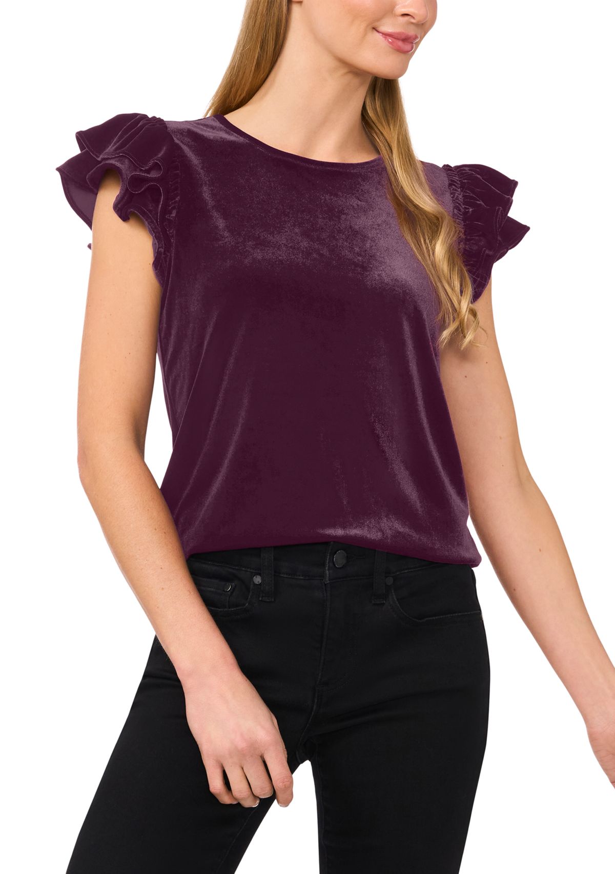 Womens Flutter Sleeve Velvet Top 