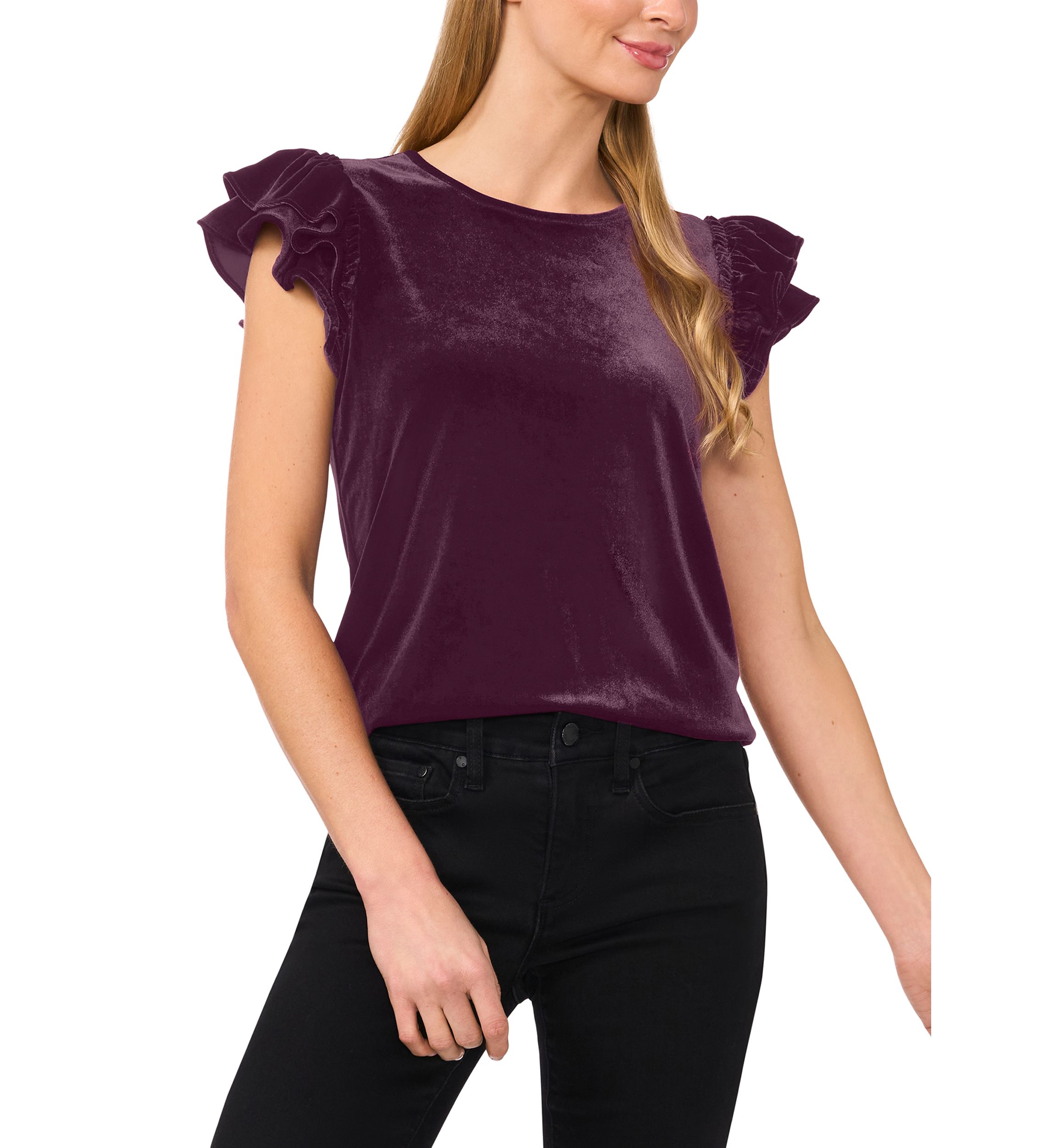 Womens Flutter Sleeve Velvet Top 