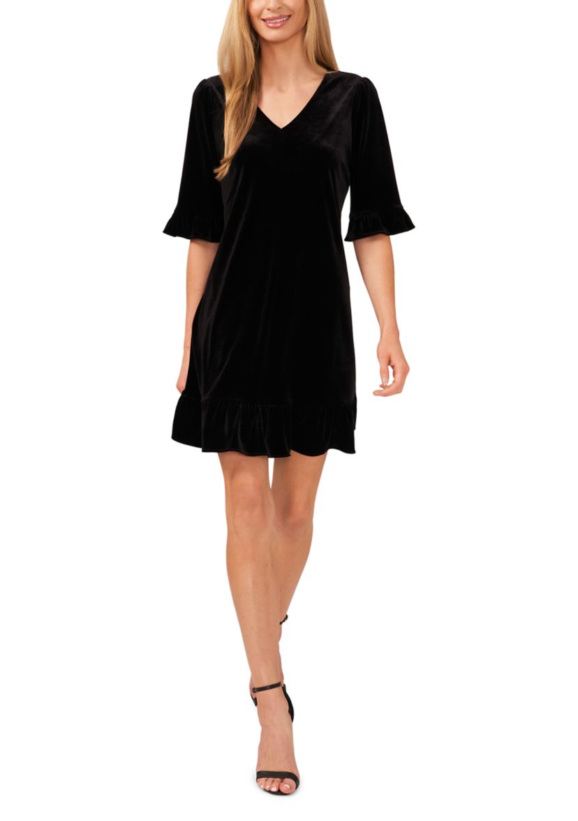 Womens Ruffle Sleeve V-Neck Velvet Dress