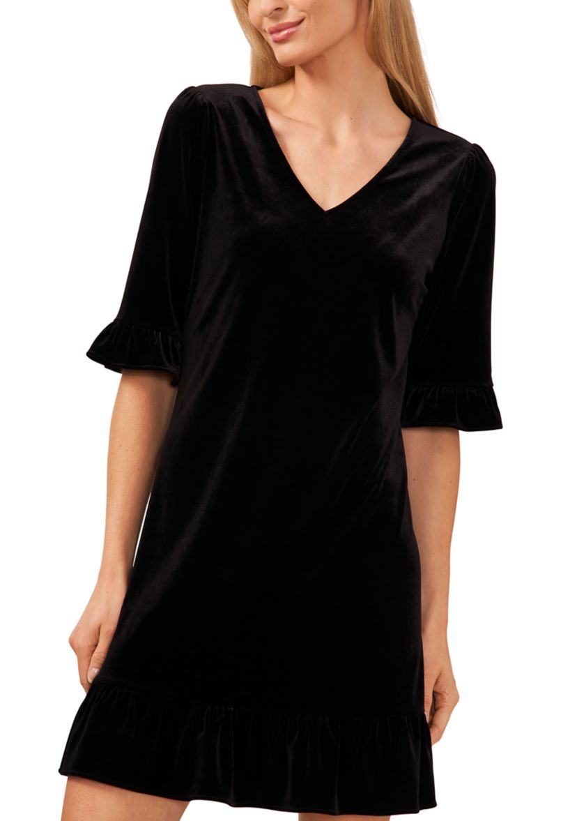 Womens Ruffle Sleeve V-Neck Velvet Dress