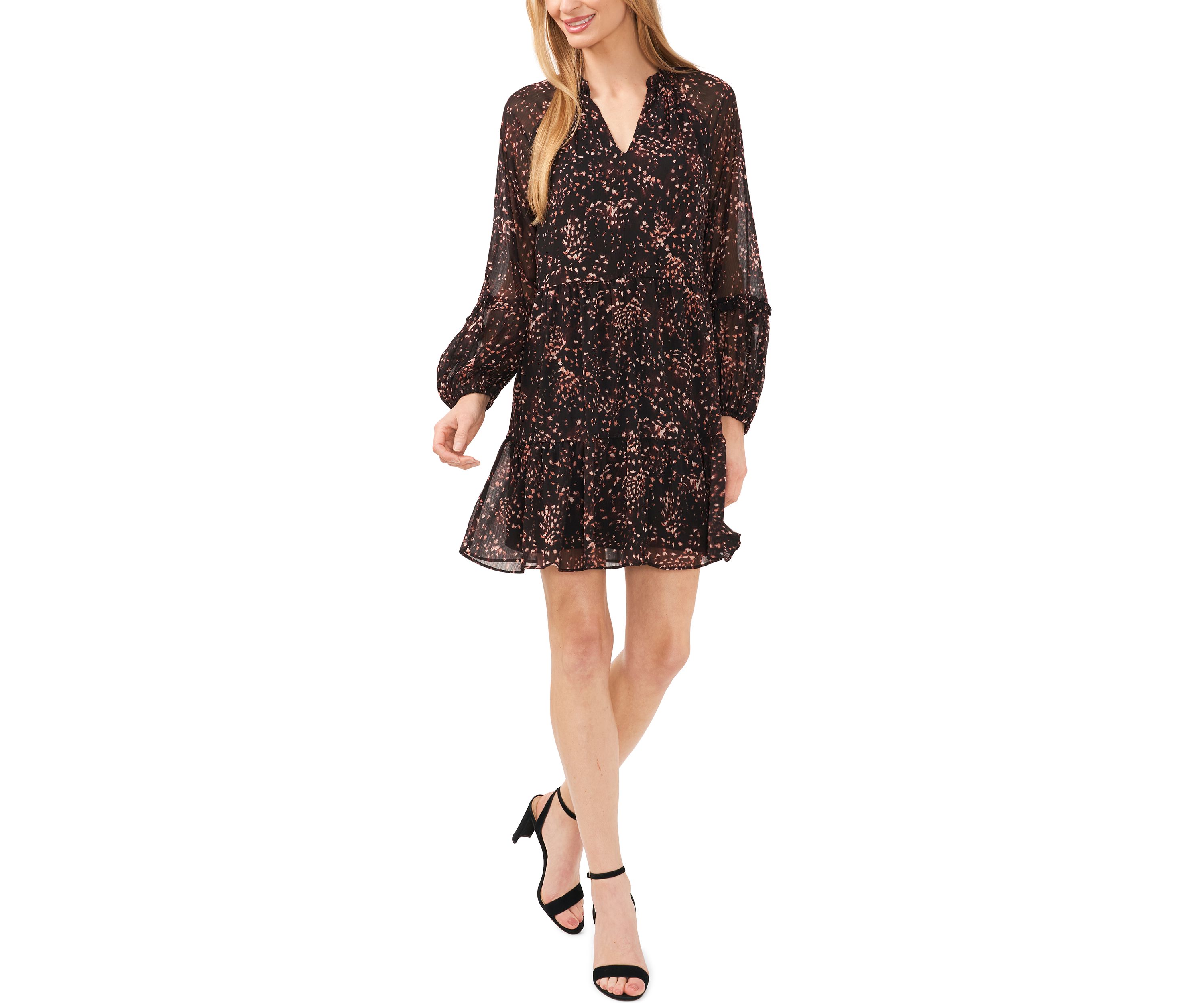 Womens Long Sleeve Abstract Animal Print Tiered Babydoll Dress