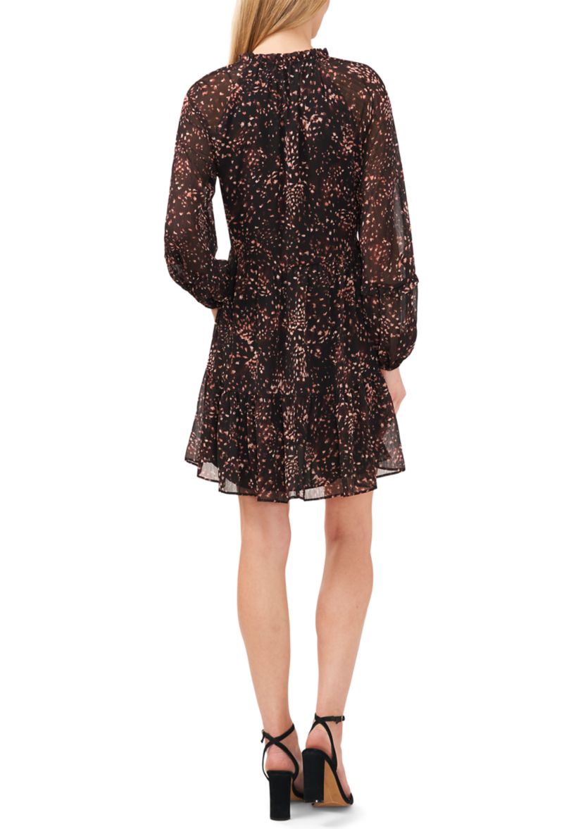 Womens Long Sleeve Abstract Animal Print Tiered Babydoll Dress